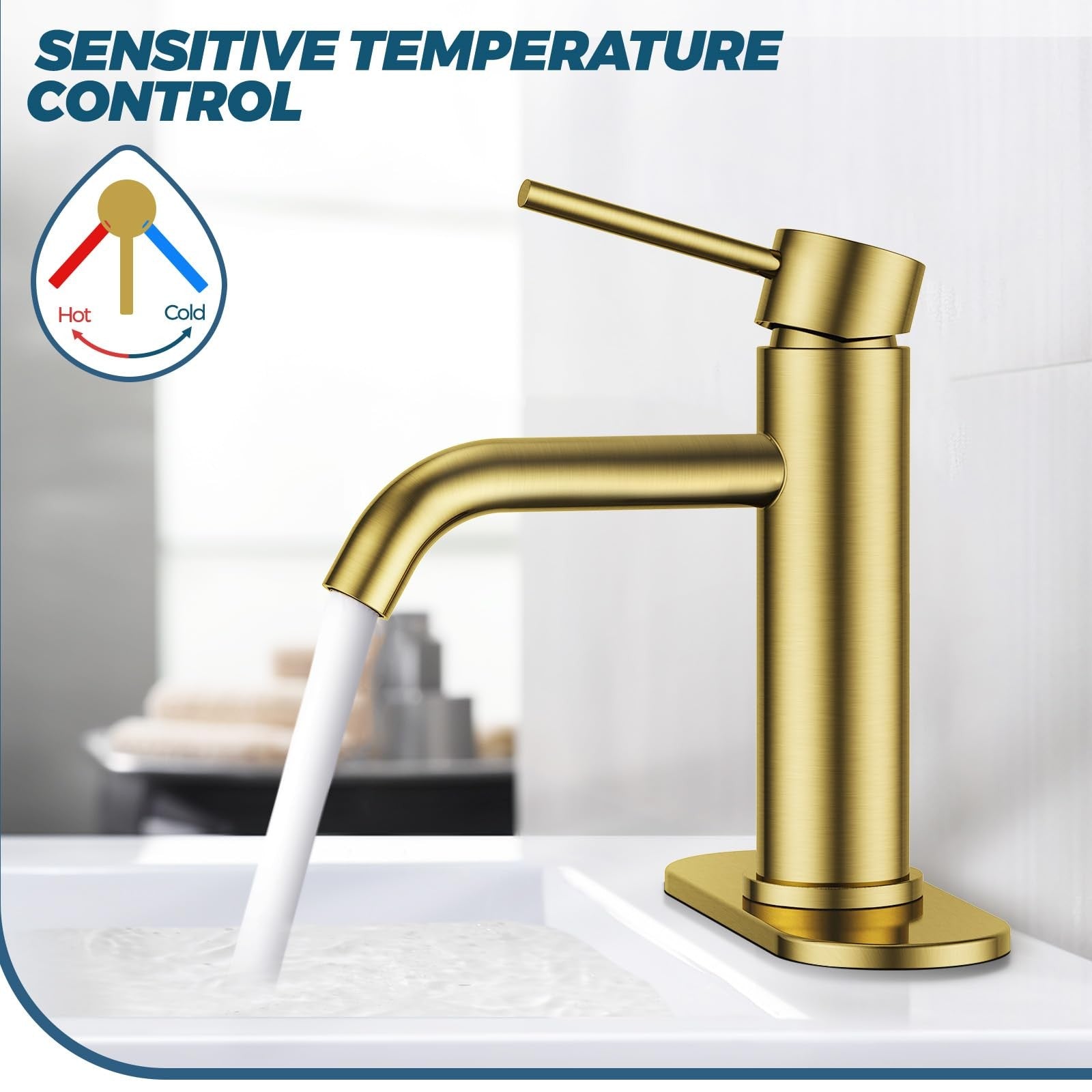 FORIOUS gold stainless steel bathroom sink faucet with single hole installation, modern design and sleek finish.