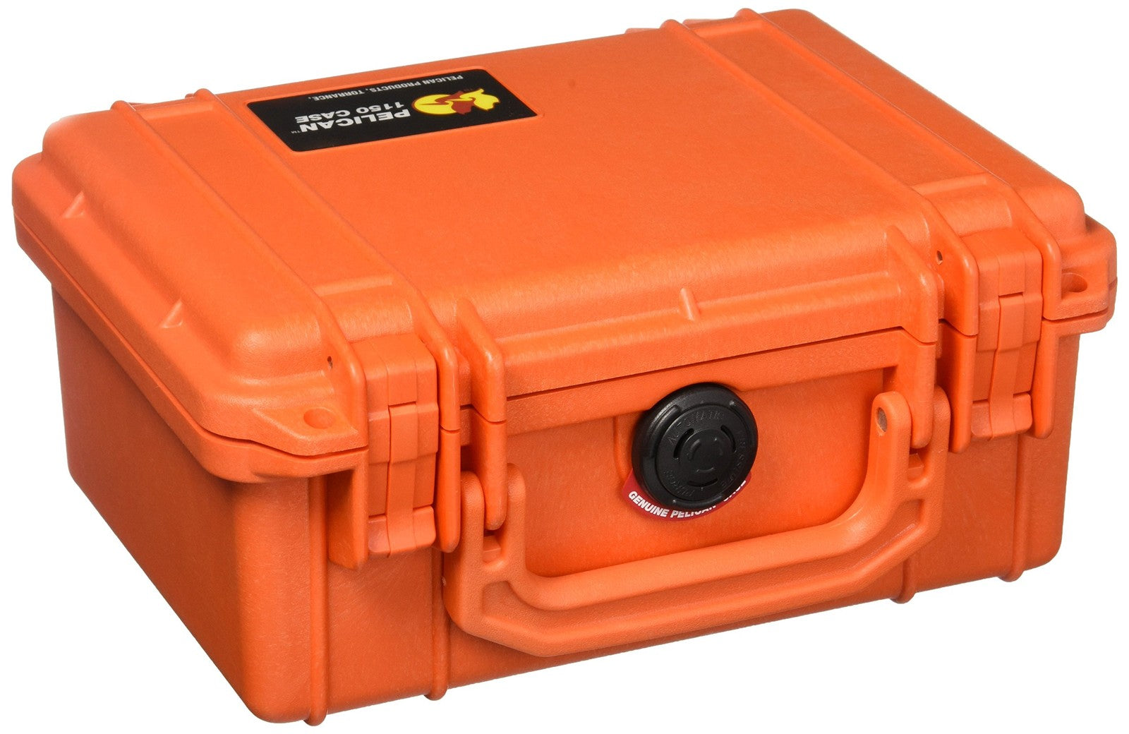 Orange Pelican 1150 Protector Case with foam interior, watertight and durable, ideal for protecting sensitive equipment.