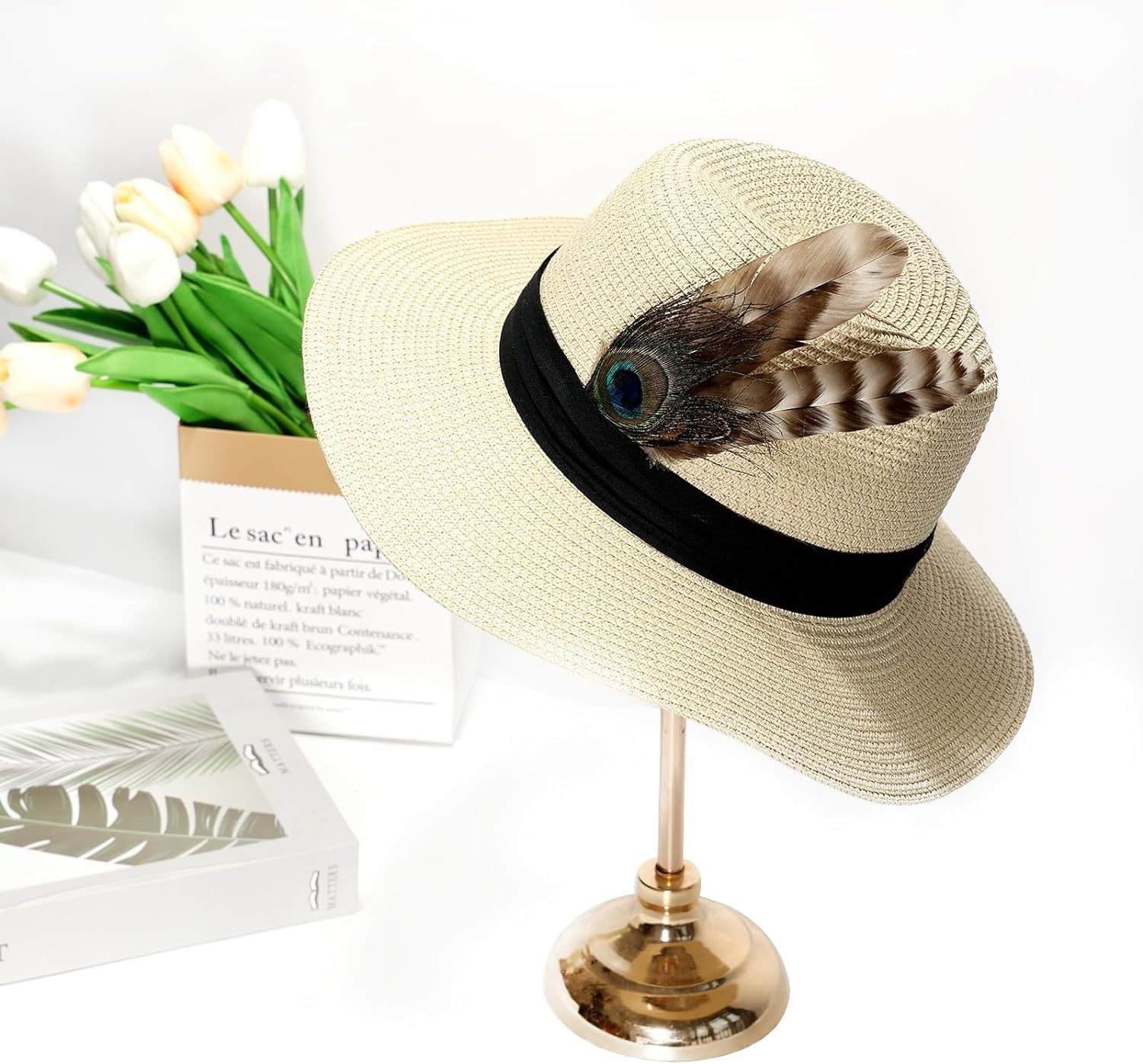 THARAHT 24-piece natural spotted guinea fowl wing feathers, 6-8 inches, showing detailed black and white spotted pattern