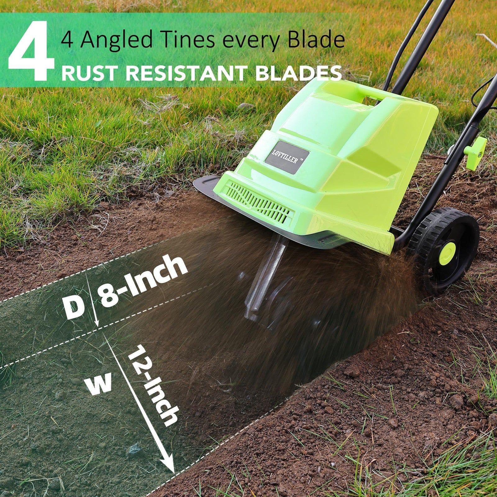 Small electric garden tiller with 13.5 Amp motor, corded, featuring tines and handle for soil cultivation.
