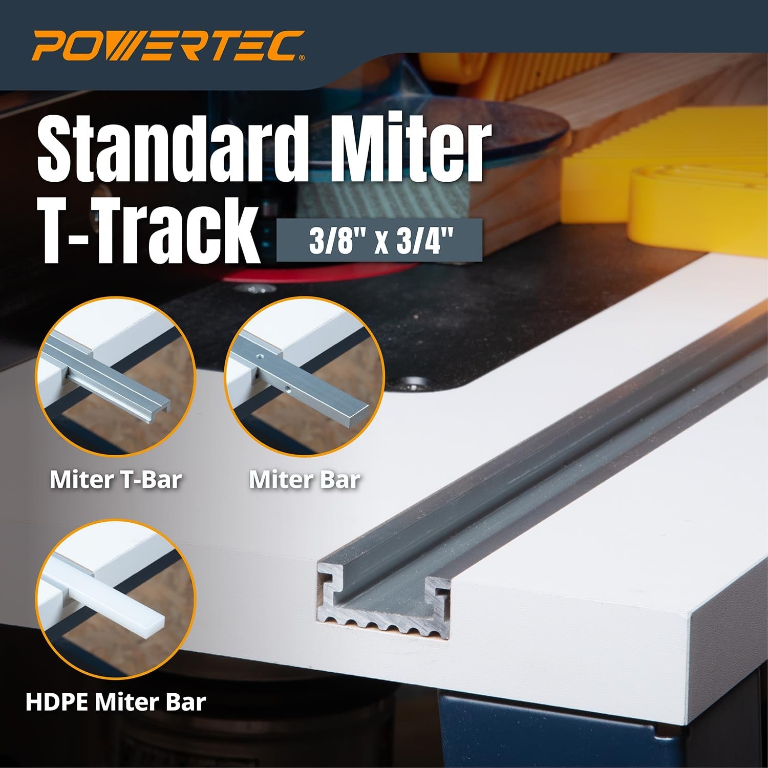 Powertec 32-inch aluminum miter T-track T-bar set for benchtop table saws and routers, shown installed on a workbench.