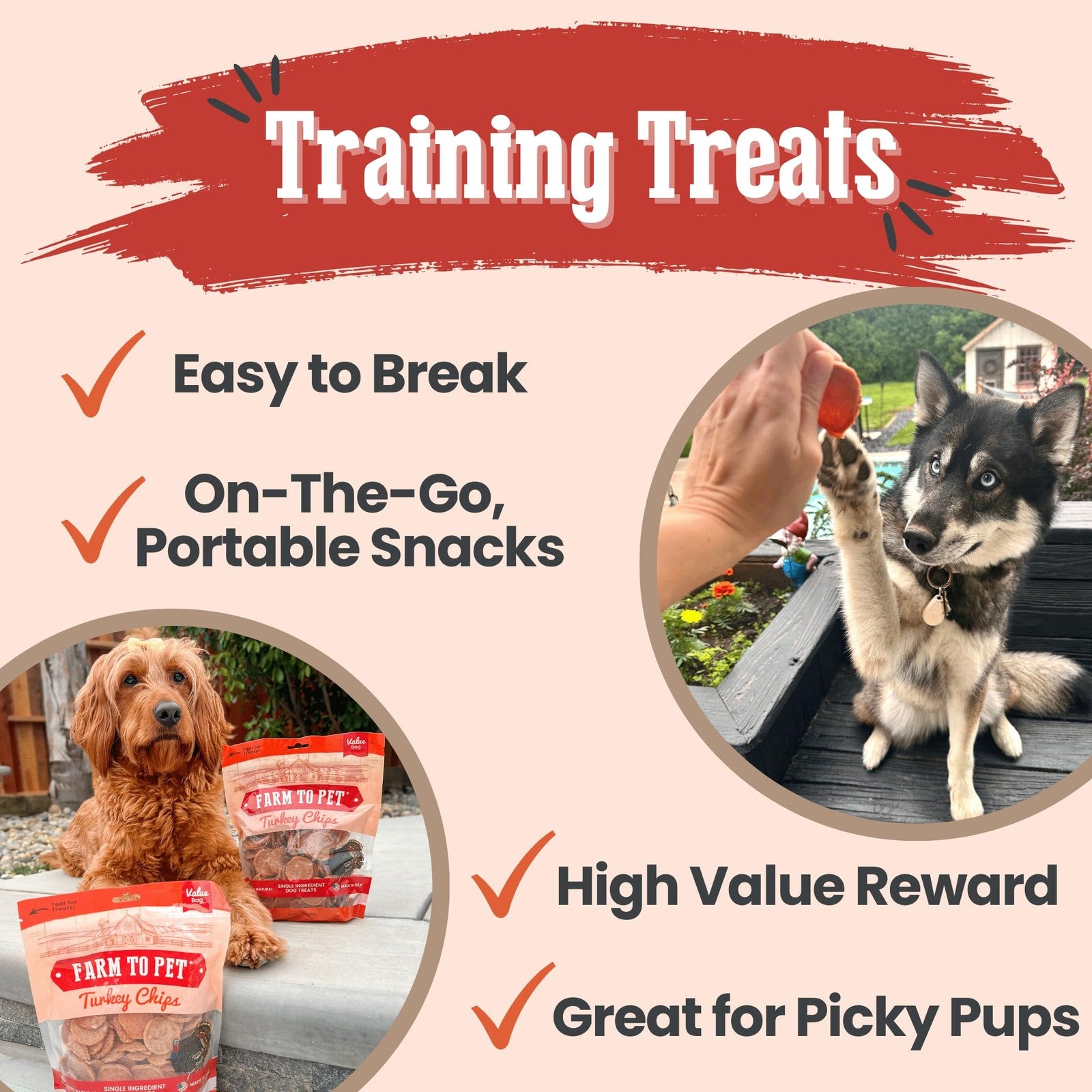Crunchy Farm To Pet Turkey Dog Training Treats in a 12 oz bag, showing golden, bone-shaped healthy treats for dogs.
