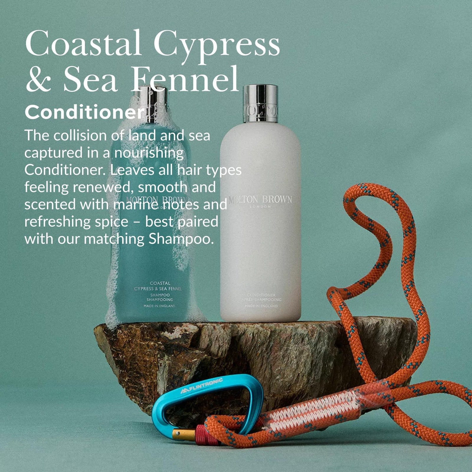 Molton Brown Coastal Cypress & Sea Fennel conditioner bottle with a sleek white and blue design, showcasing the product label.