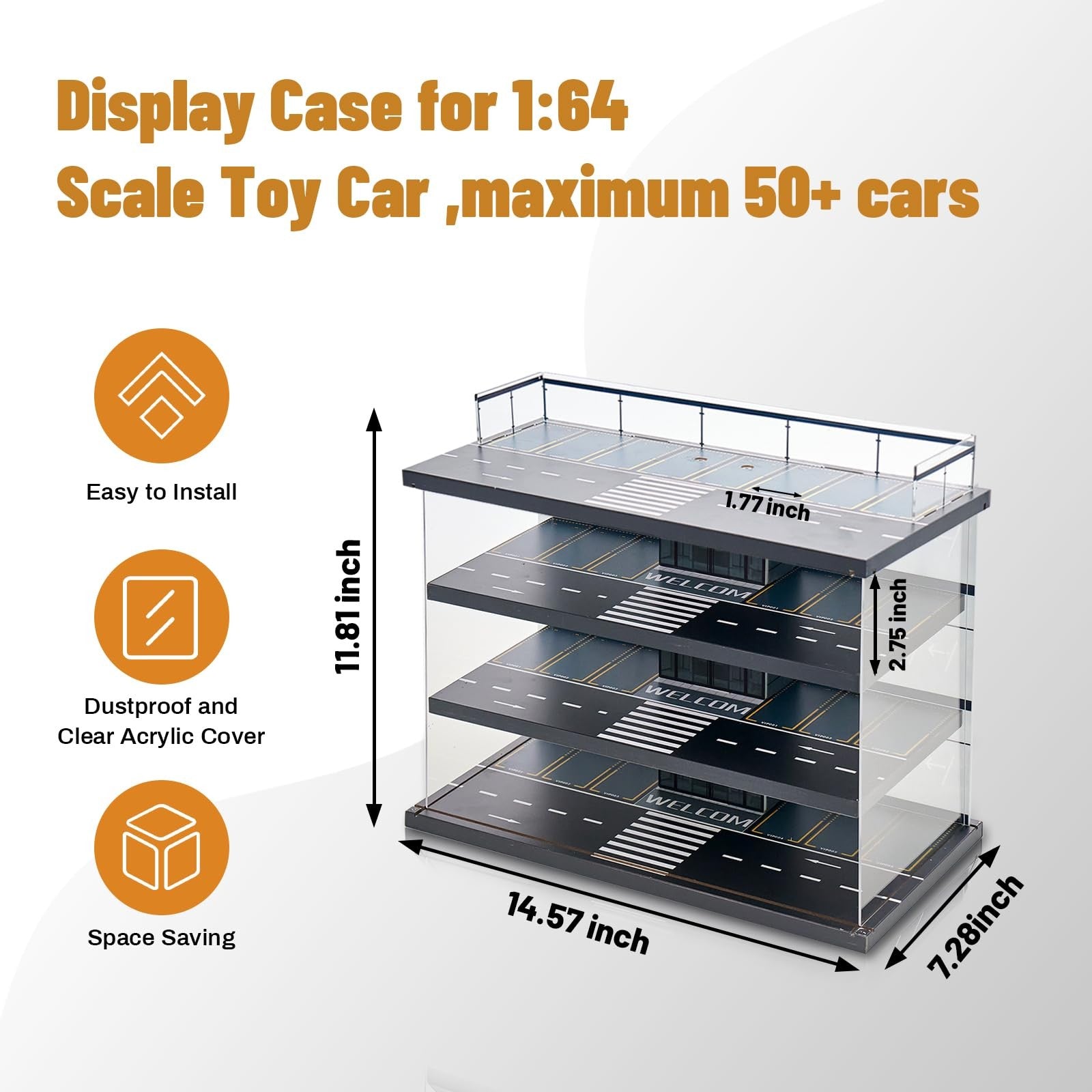 GALUMO display case for Hot Wheels and Matchbox cars, 1/64 scale with LED lighting showcasing toy cars inside.