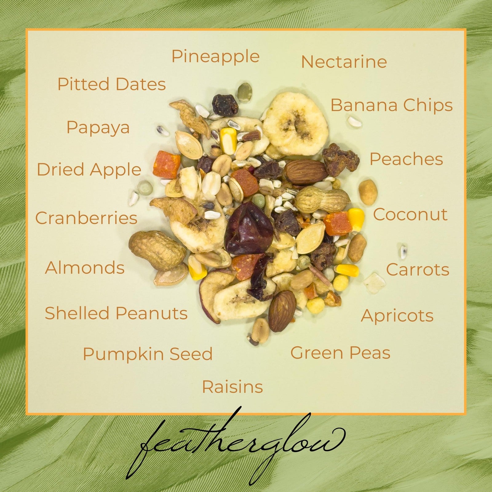 Volkman Seed Featherglow Parrot Treat in 4lb bag showing colorful seed mixture with grains and dried fruits for parrots.