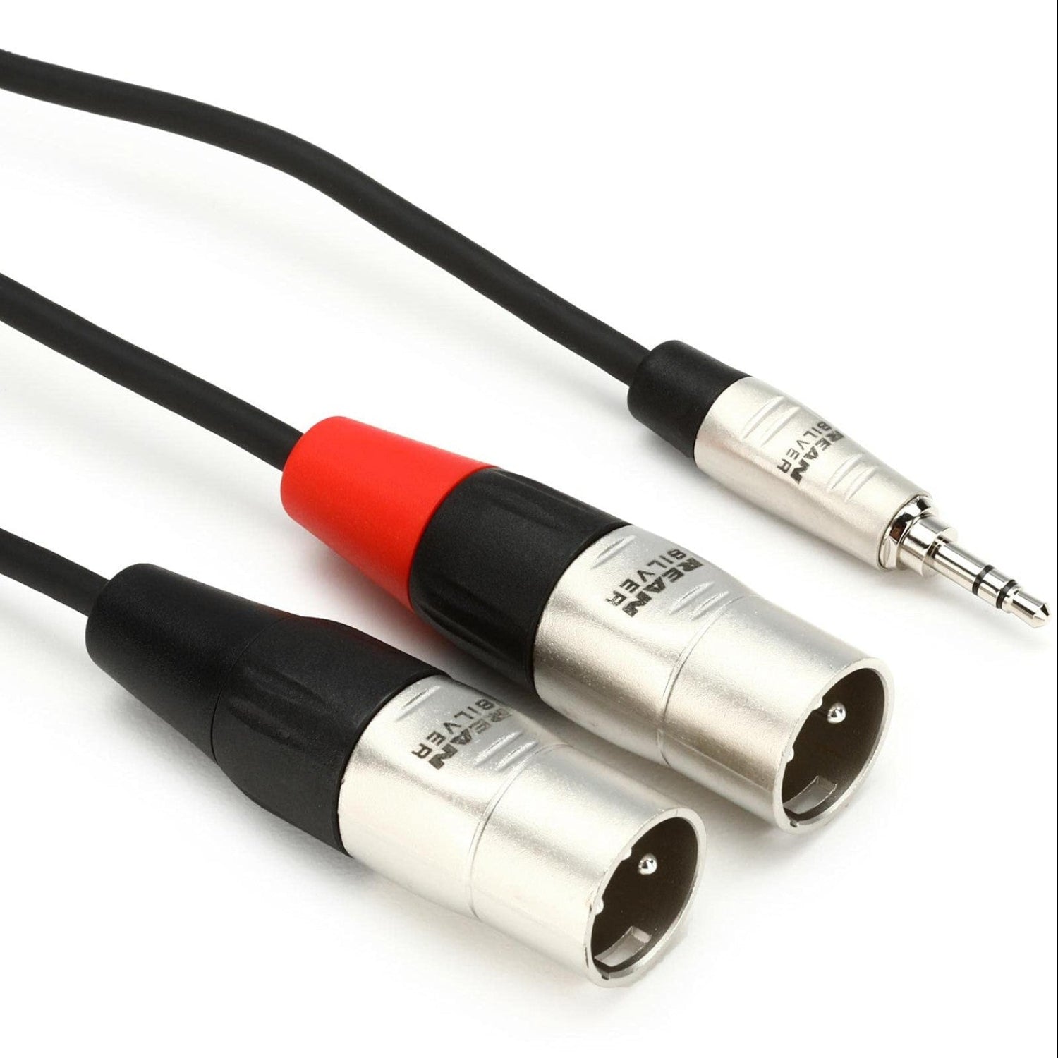 Hosa HMX-010Y REAN 3.5 mm TRS to dual XLR3M stereo breakout cable, 10 feet, with black and red connectors visible.