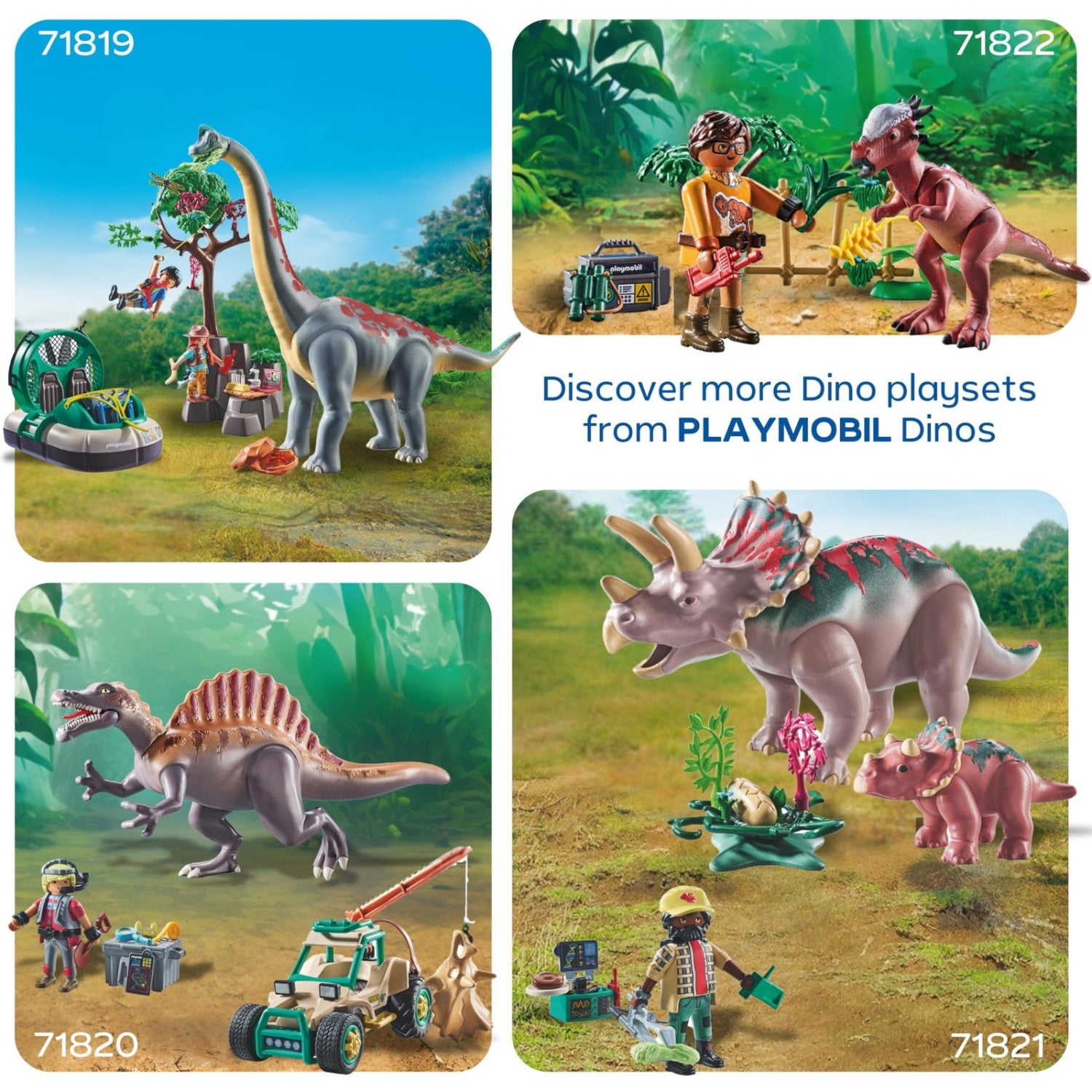 Playmobil Triceratops family set with scientist figure and dinosaur egg, featuring detailed dinosaur and human characters.