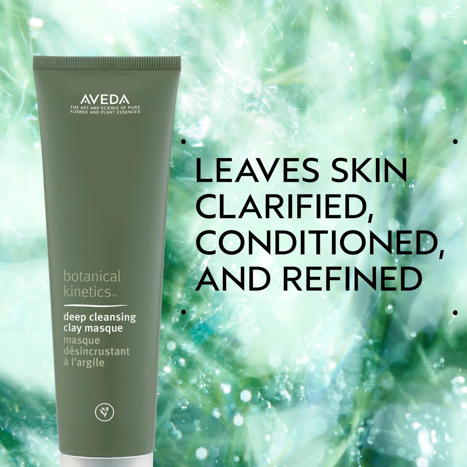 Aveda Botanical Kinetics Deep Cleansing Clay Masque jar with product label, highlighting clarifying mask for oily skin.