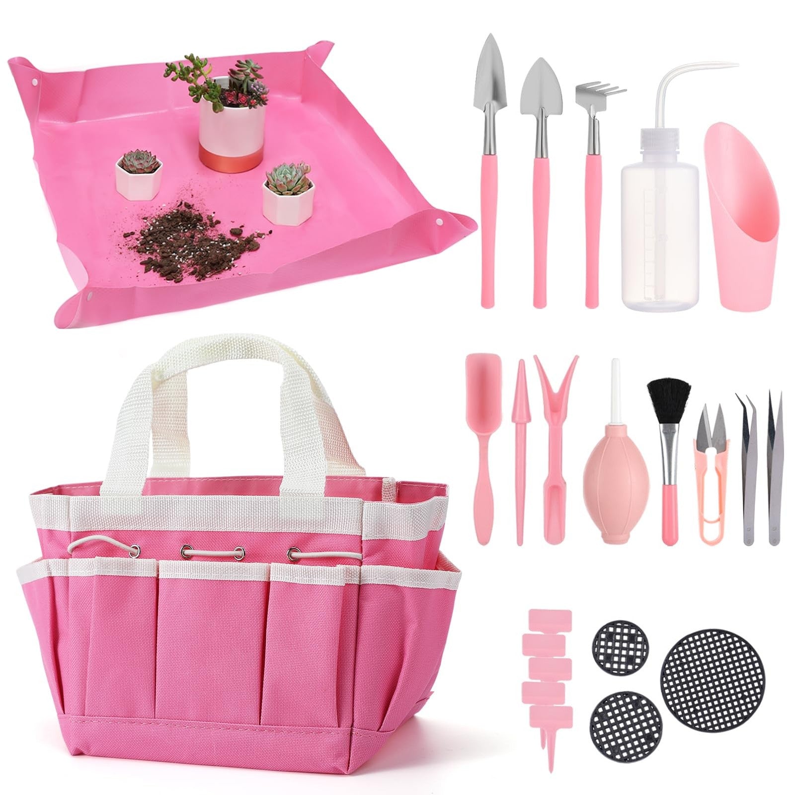 Pink gardening tools set by ANPHSIN with 44 pieces for succulent, bonsai, and transplanting plant care, including trowels and pruning tools.