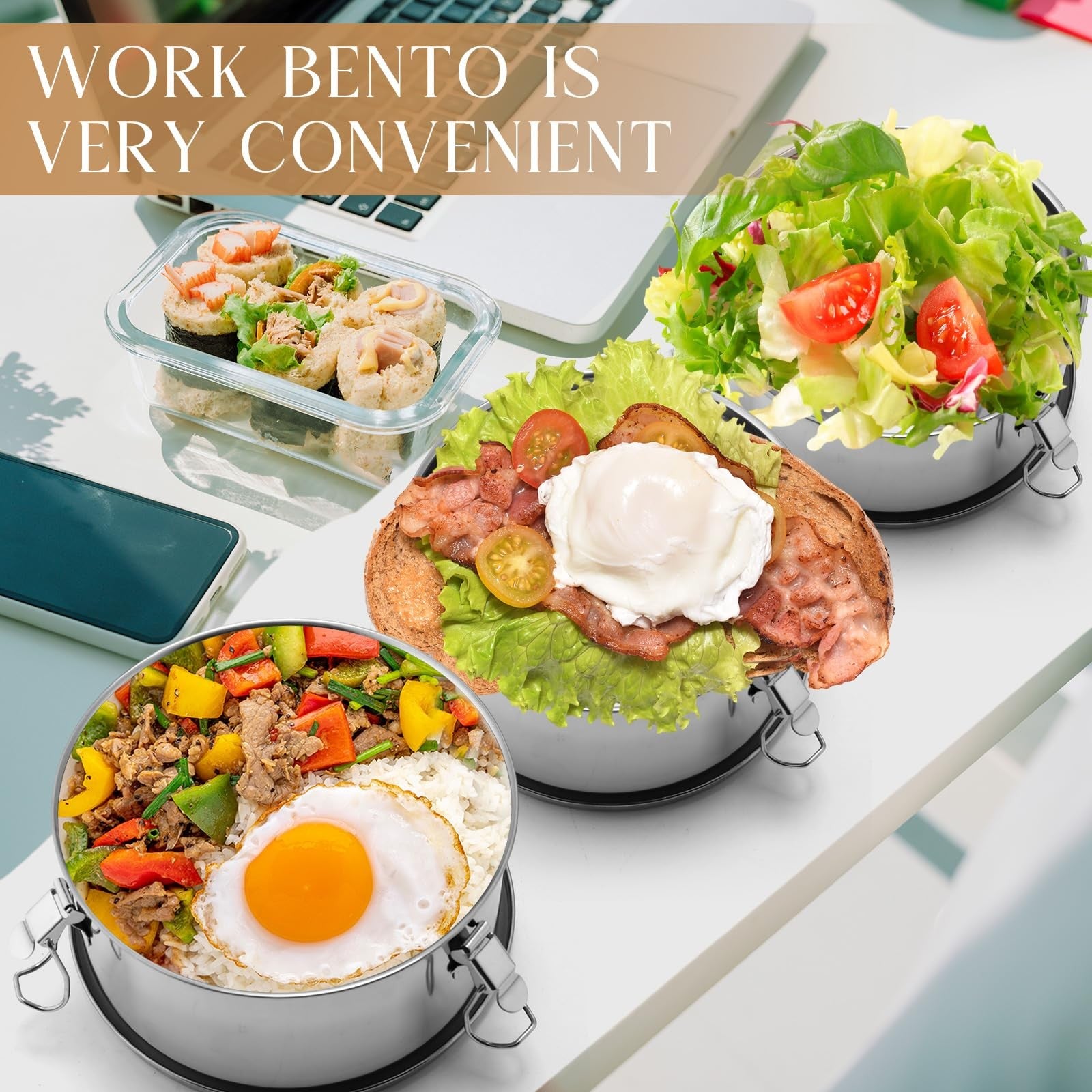 Skybooly 6-piece stainless steel bento box set with lockable clips, leak-proof food containers for meal storage