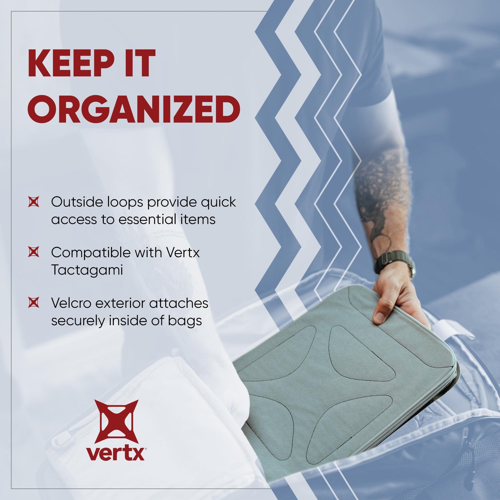 Vertx Pack Zip Pouch Organizer Insert showing multiple compartments inside a backpack for travel organization and storage.