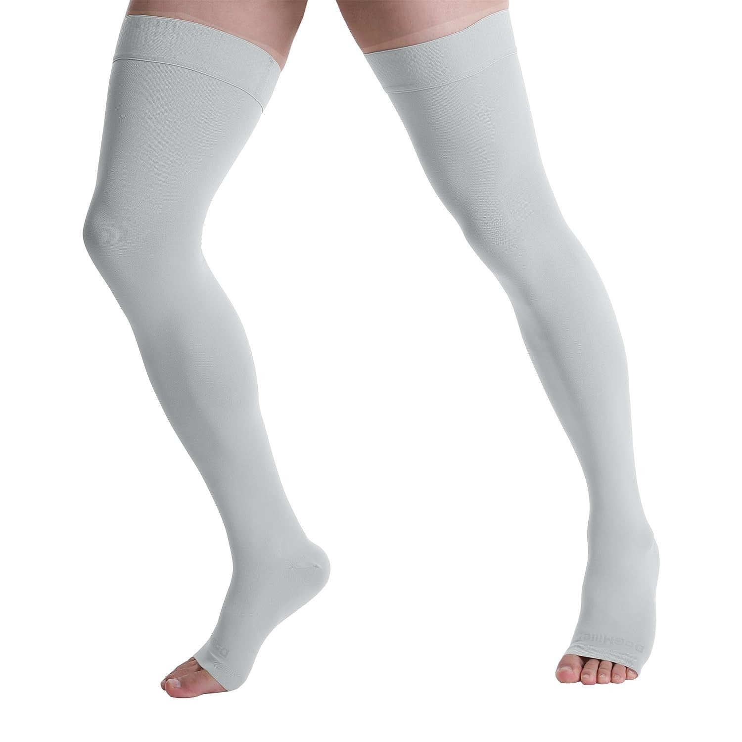 Doc Miller thigh high compression socks with open toe design, 20-30mmHg for varicose vein support and improved circulation.