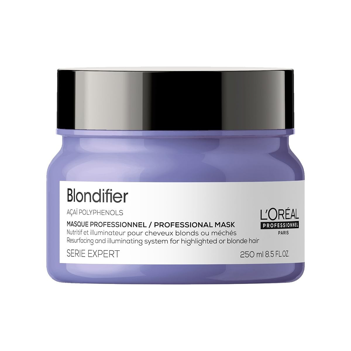 L'Oréal Professionnel Paris Blondifier Mask for nourishing and smoothing hair, shown in a white tub with product label visible.