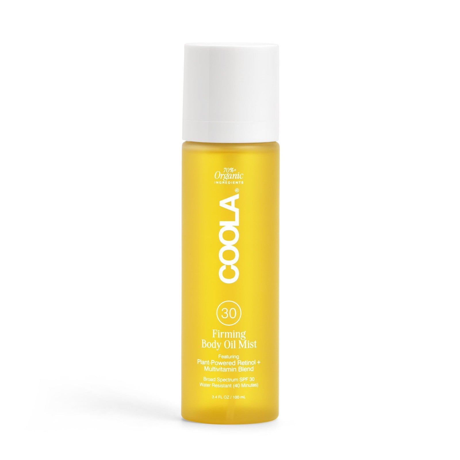 COOLA Firming Body Oil Mist SPF 30 organic sunscreen spray with lightweight, hydrating formula, visible in the image.