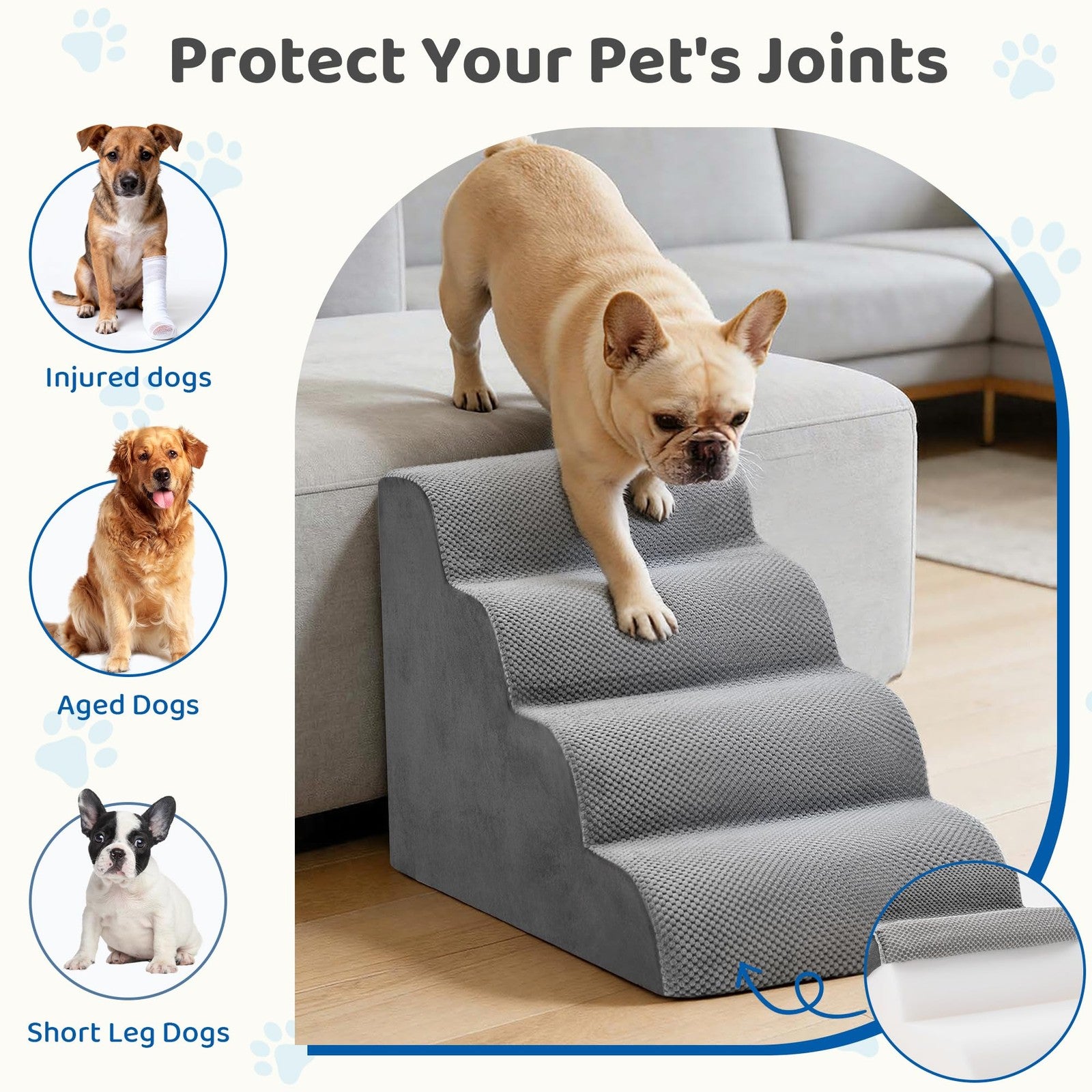 DUMOS 4-step curved dog stairs and ramp for small dogs and cats, with non-slip surfaces and wooden side panels for stability