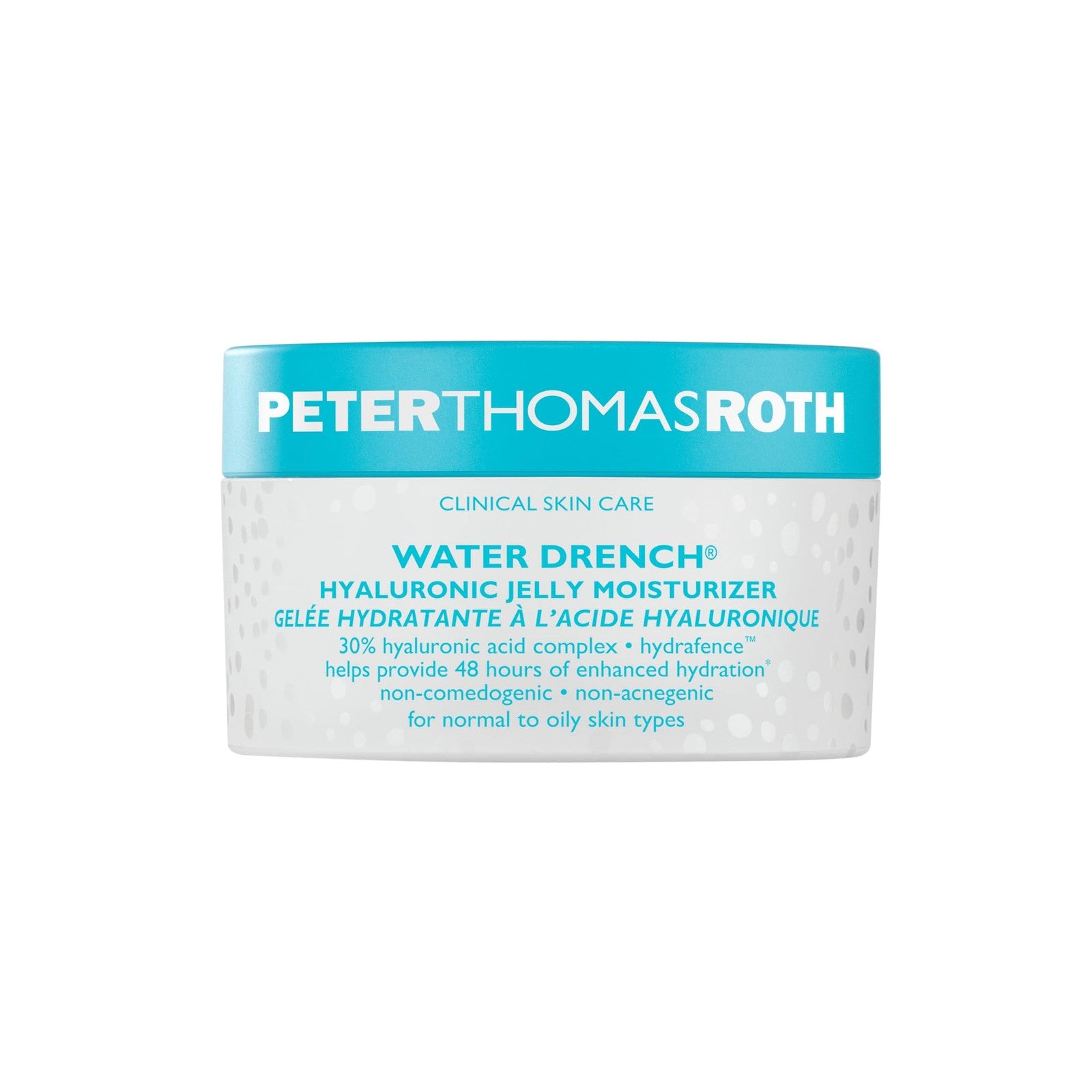 Peter Thomas Roth Water Drench Hyaluronic Jelly moisturizer in a clear refillable jar with blue lid, showcasing the hydrating skincare product.