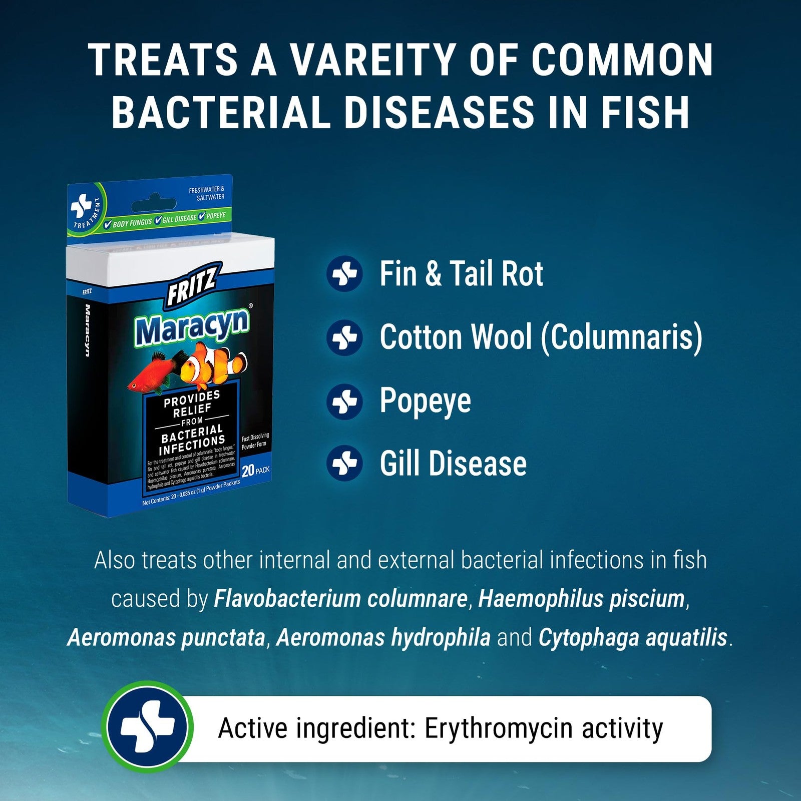 Fritz Maracyn bacteria infection treatment pack with 20 freshwater and saltwater treatment bottles, suitable for aquariums.