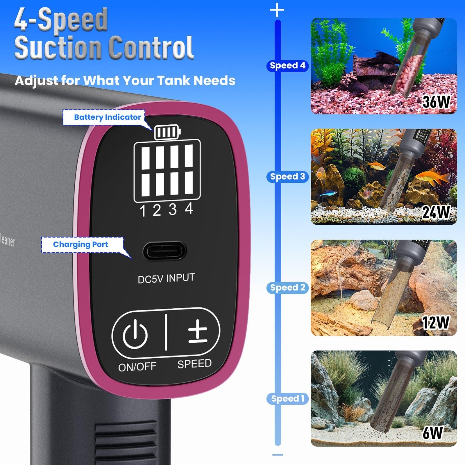 Rechargeable electric aquarium gravel cleaner by RIRMJOR with adjustable suction for fish tanks, shown in use with gravel and water.