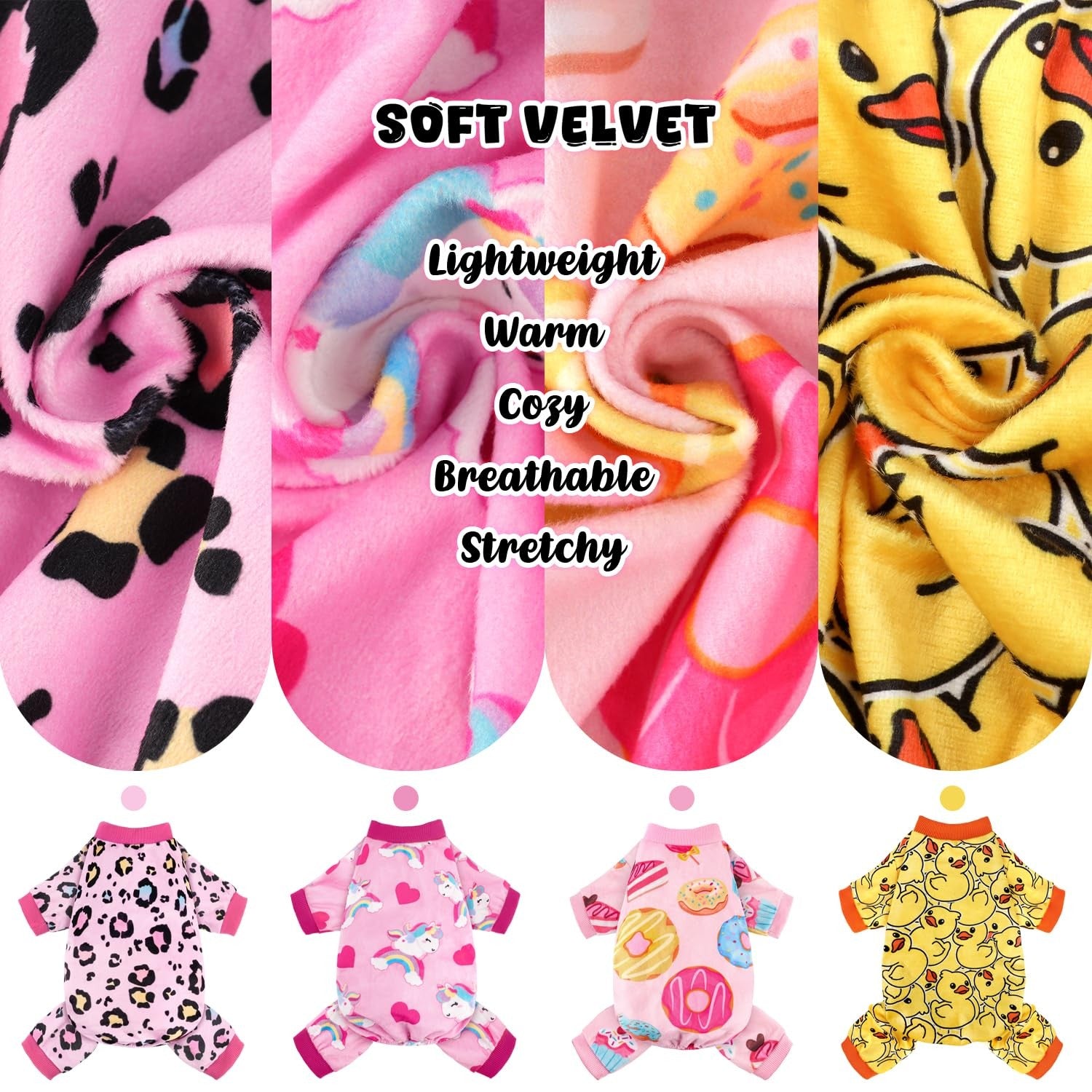 BAOBICUTE 4-pack lightweight dog pajamas and recovery bodysuits for small dogs, soft and comfortable for indoor wear.