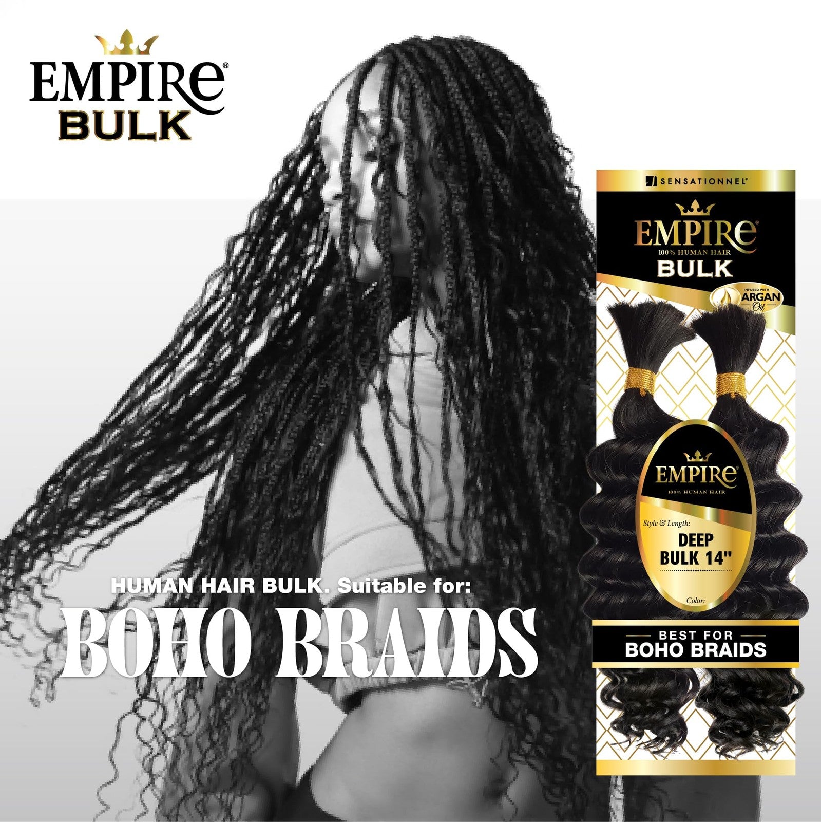 Sensational Empire Bulk Braiding hair for deep human knotless boho box braids, featuring natural textured hair strands.