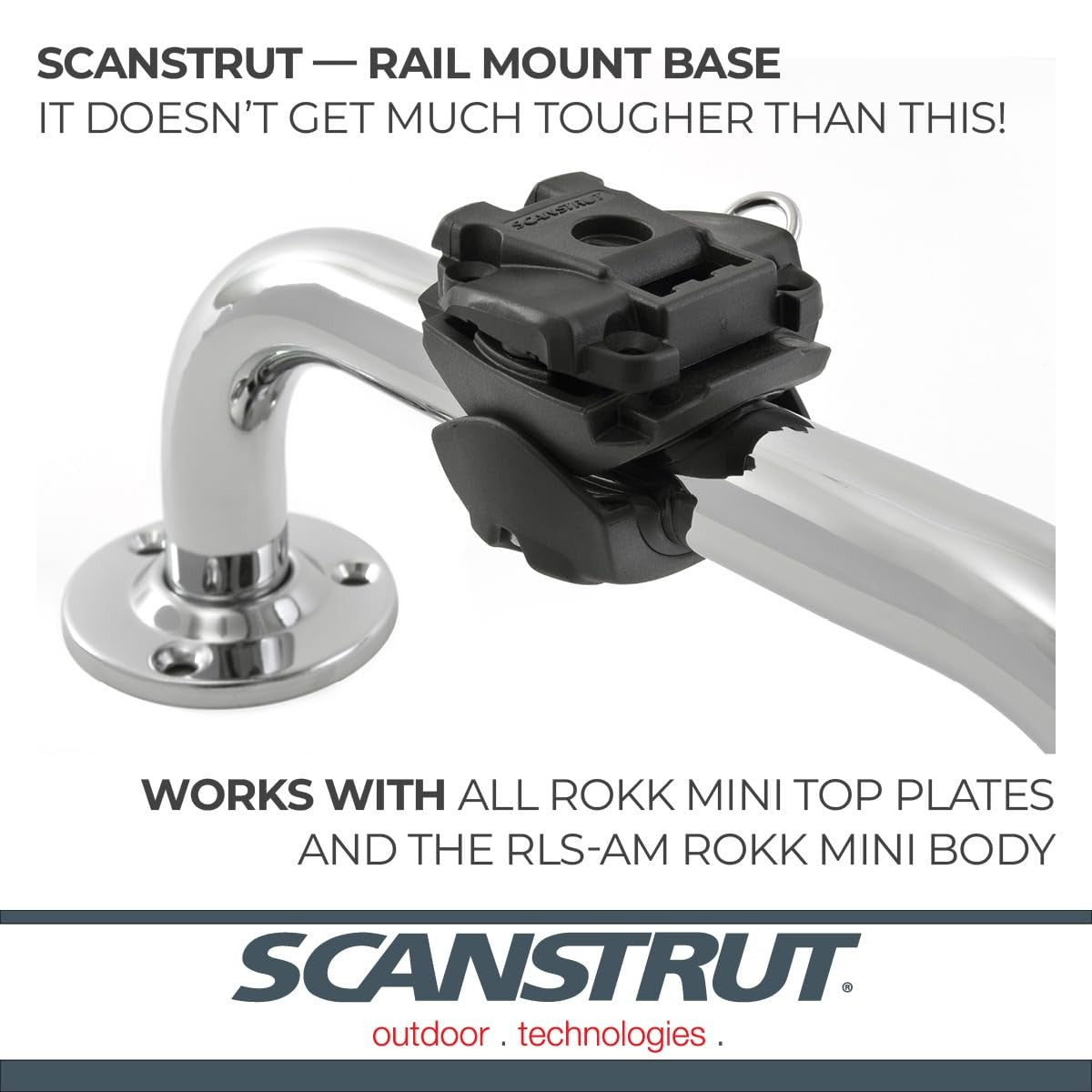Scanstrut RLS-402 Rokk Mini Rail Mount attached to a boat rail, showcasing compact marine mounting solution for electronics.