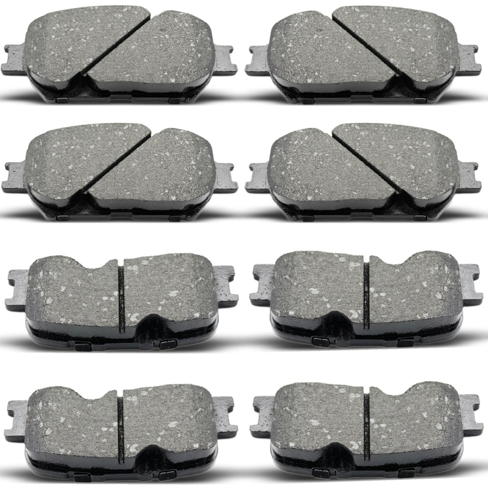 Set of 8 ceramic disc brake pads for Toyota Camry 2002-2006, front and rear, by evkingauto, including D885 and D908 models.