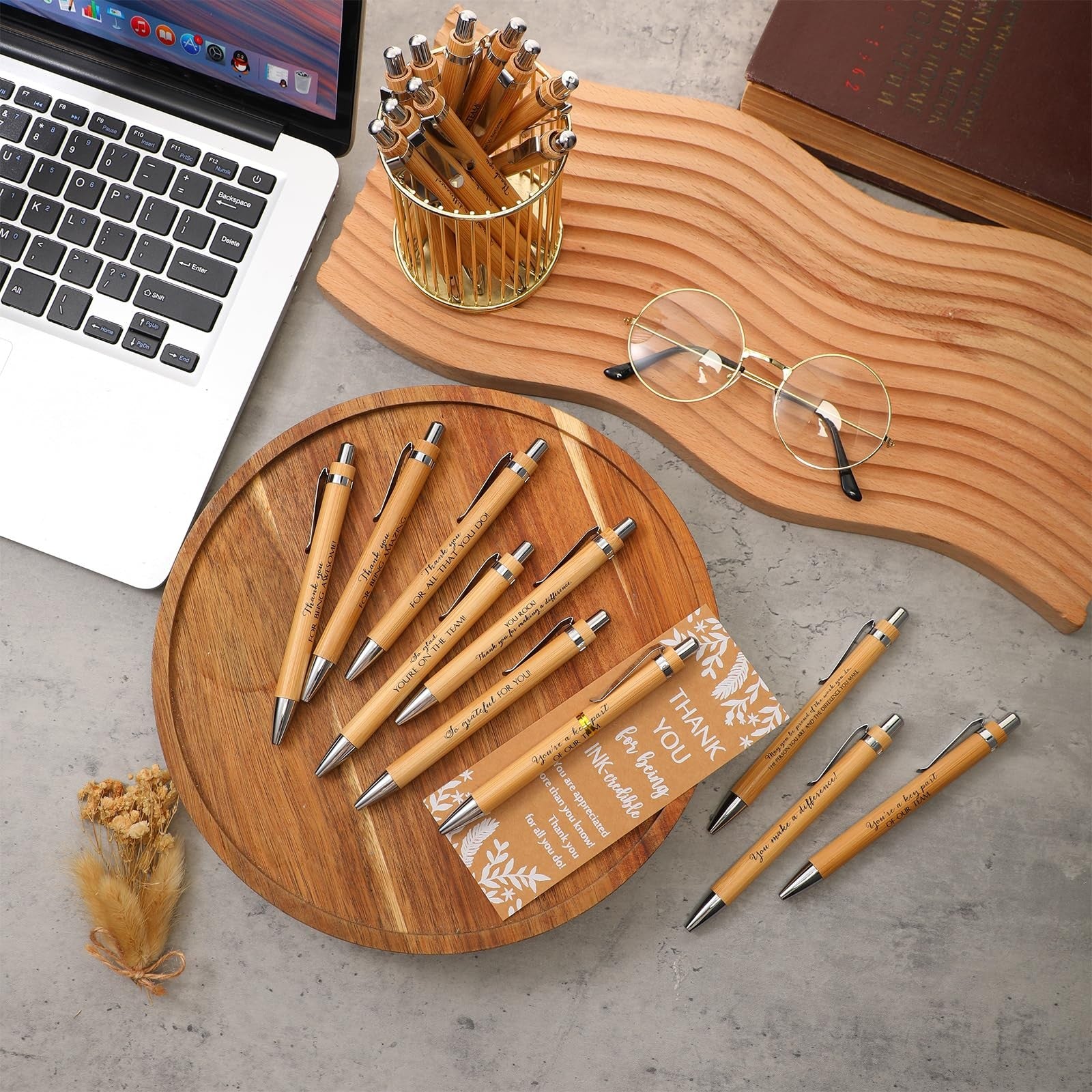 ReliThick employee appreciation gift set with 50 bamboo ballpoint pens, featuring inspirational designs and natural wood finish.