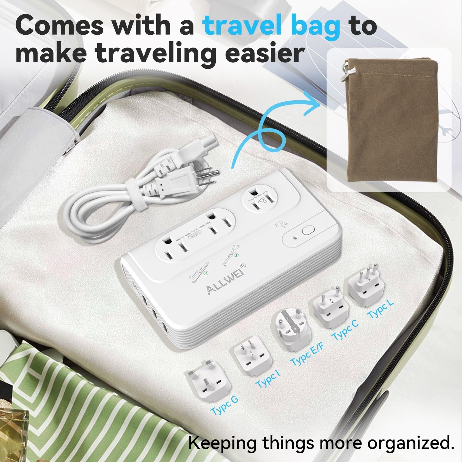 ALLWEI 2000W travel voltage converter for European travel, showing the compact device with input and output voltage labels.