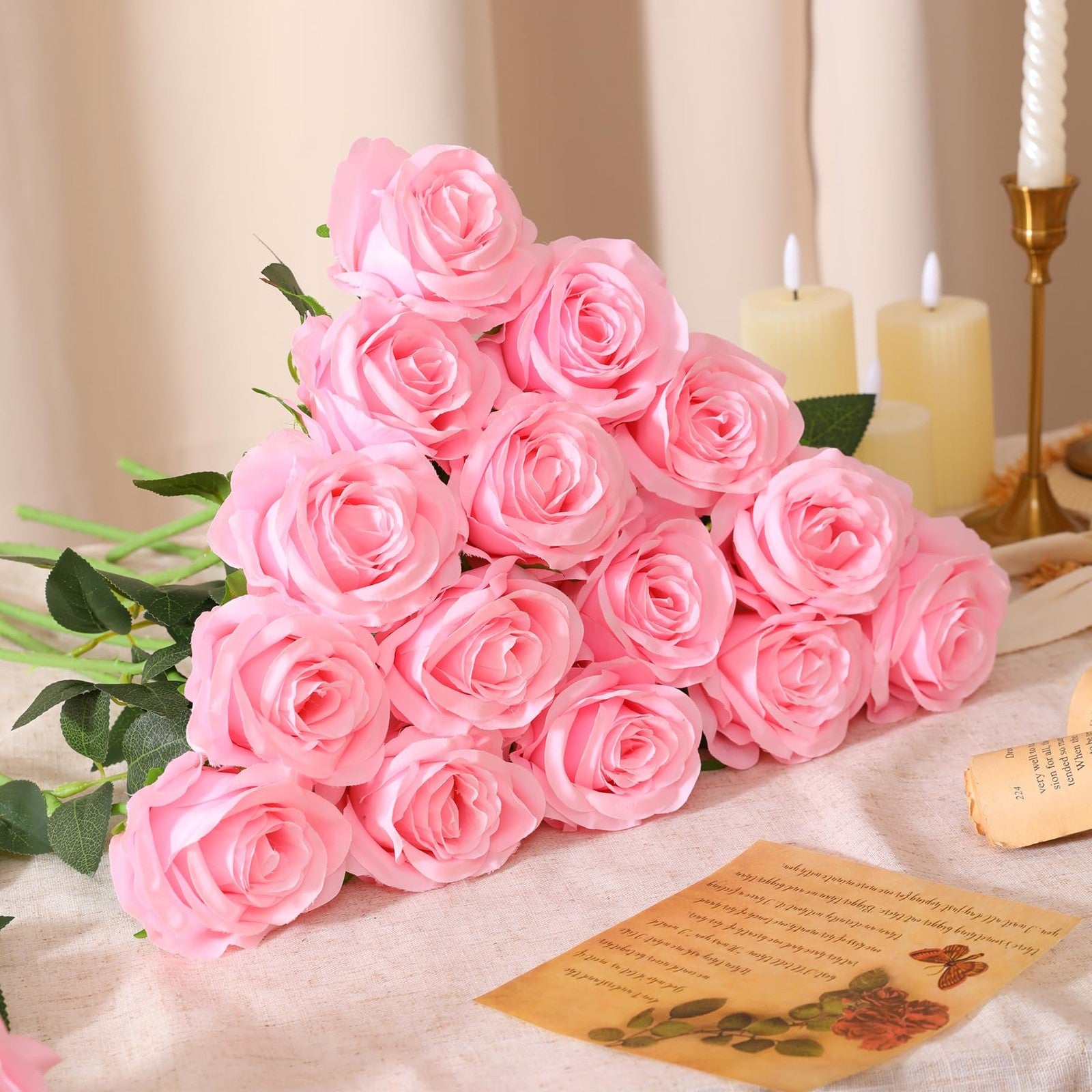 Nubry 50pcs artificial silk roses with stems, realistic fake flower bouquet for decoration or crafts