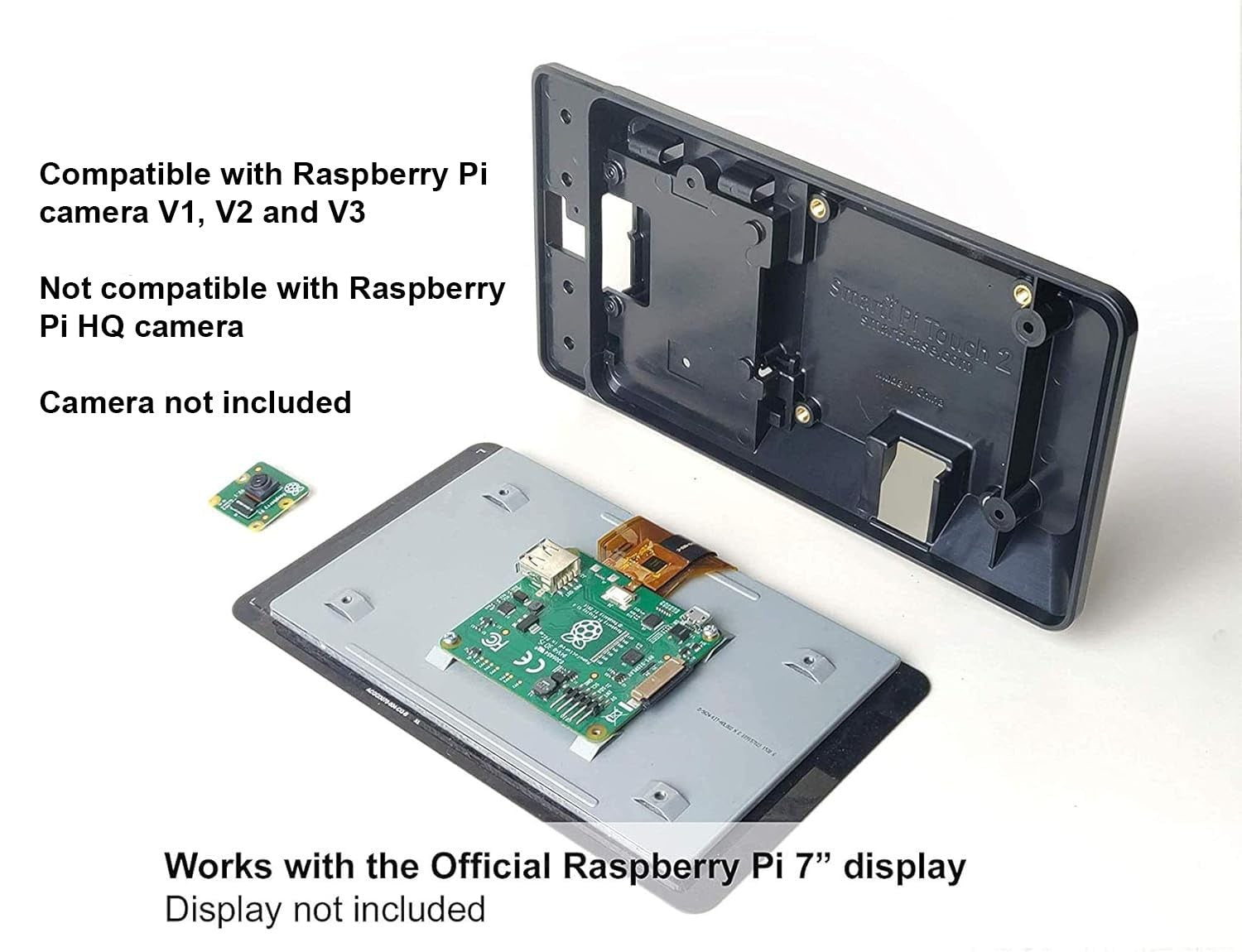 SmartiPi Touch 2 Raspberry Pi 7-inch display case with cooling fan installed, compatible with RPi 3, 4, and 5.