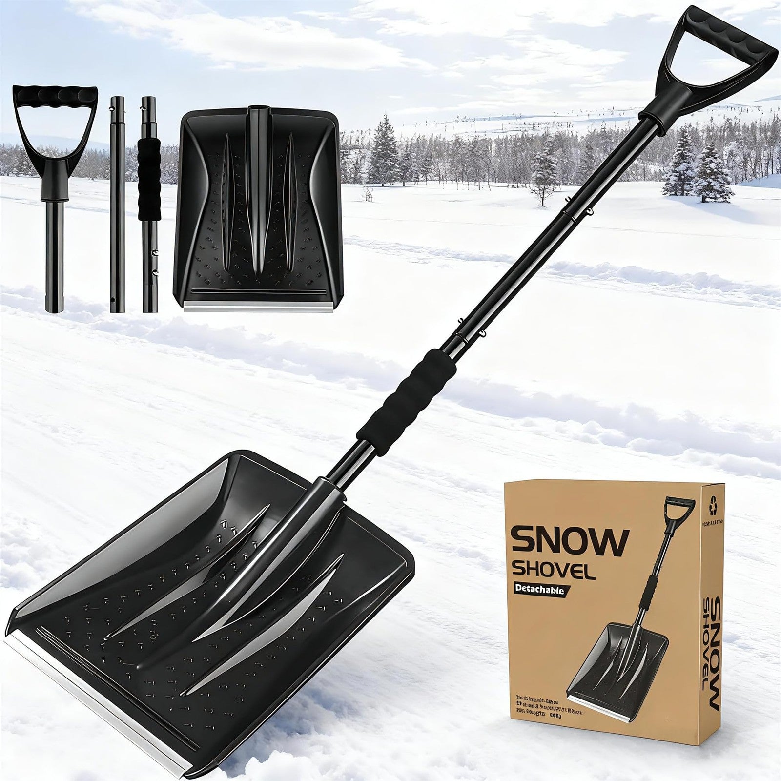 UMUACCAN large capacity lightweight aluminum snow shovel for efficient snow removal, shown with wide blade and sturdy handle.