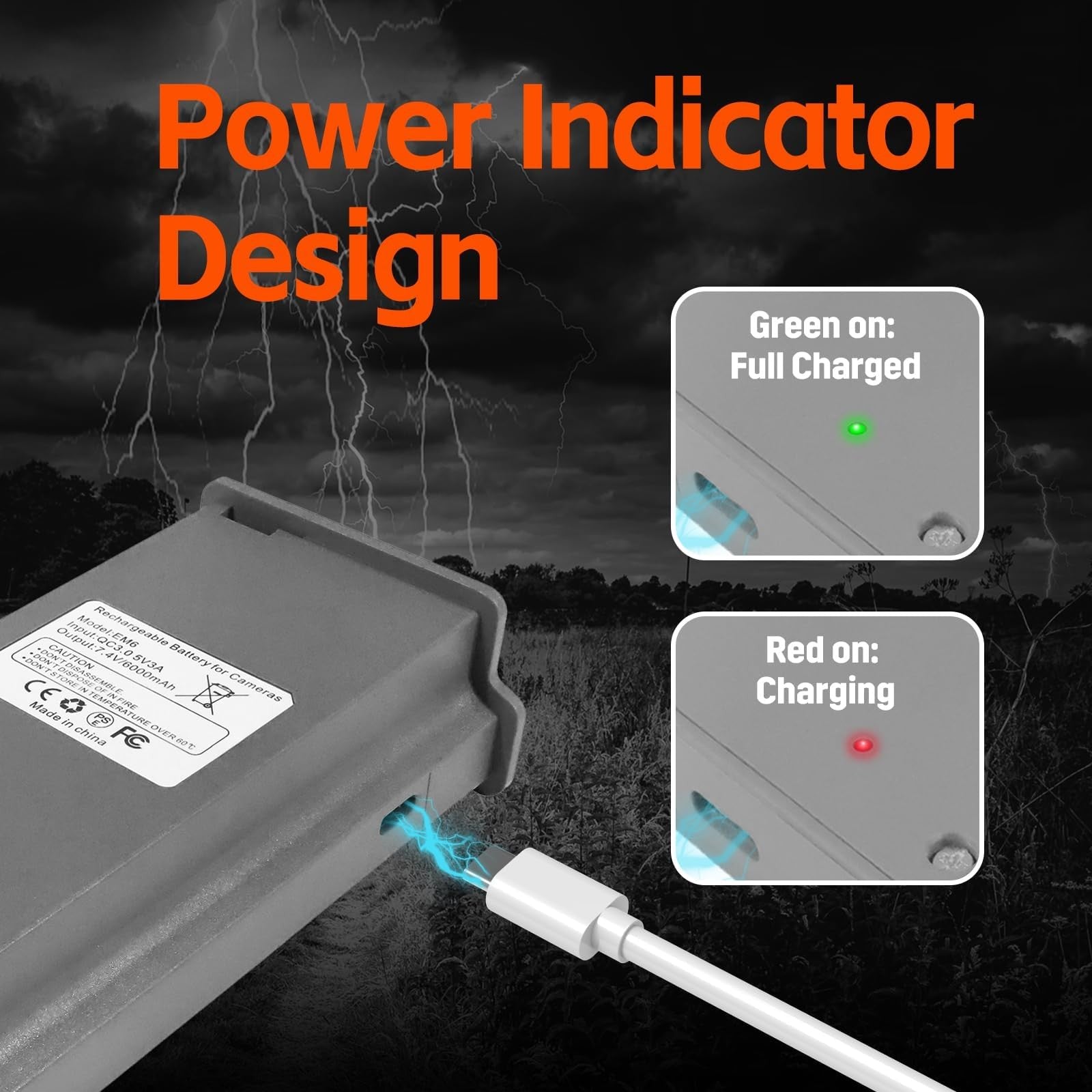 Azonpower 6000mAh rechargeable lithium battery pack for Reveal Trail Camera, showing the compact battery with branding and connectors.