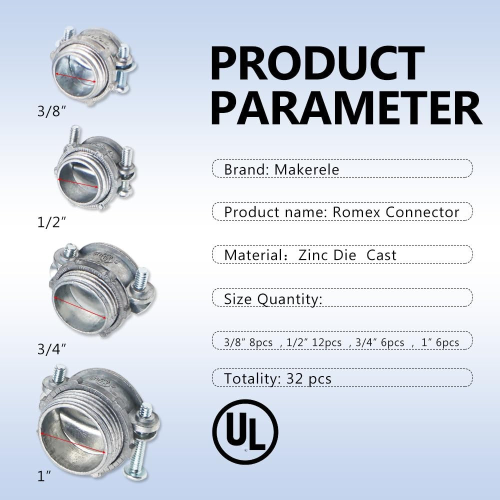 MAKERELE 32-piece cable connector kit with zinc clamps in various sizes including 1/2, 3/8, 3/4, and 1 inch, clamp type.