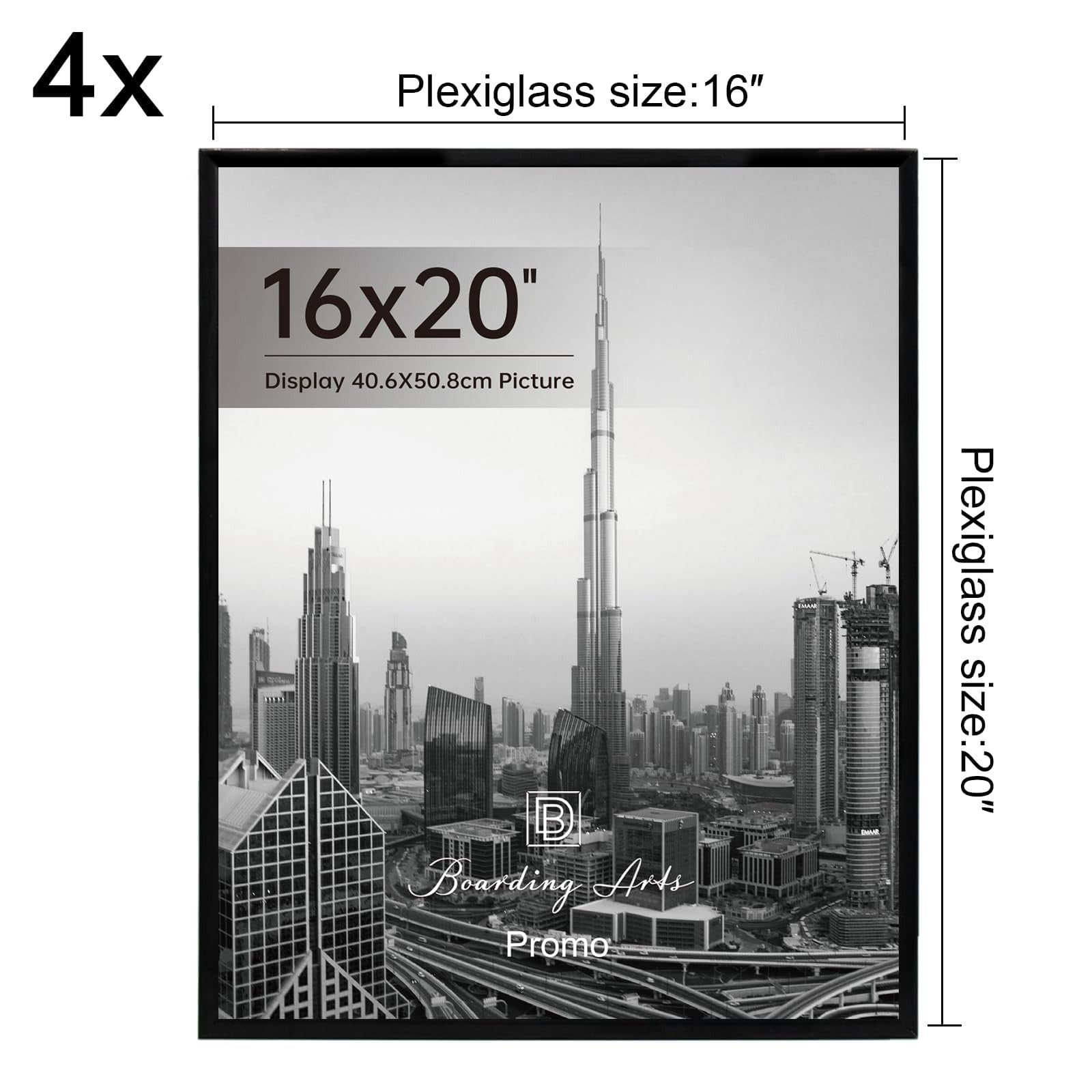Set of four DB Boarding 16x20 poster frames with scratch-proof glass for wall display, showcasing modern black photo frames.