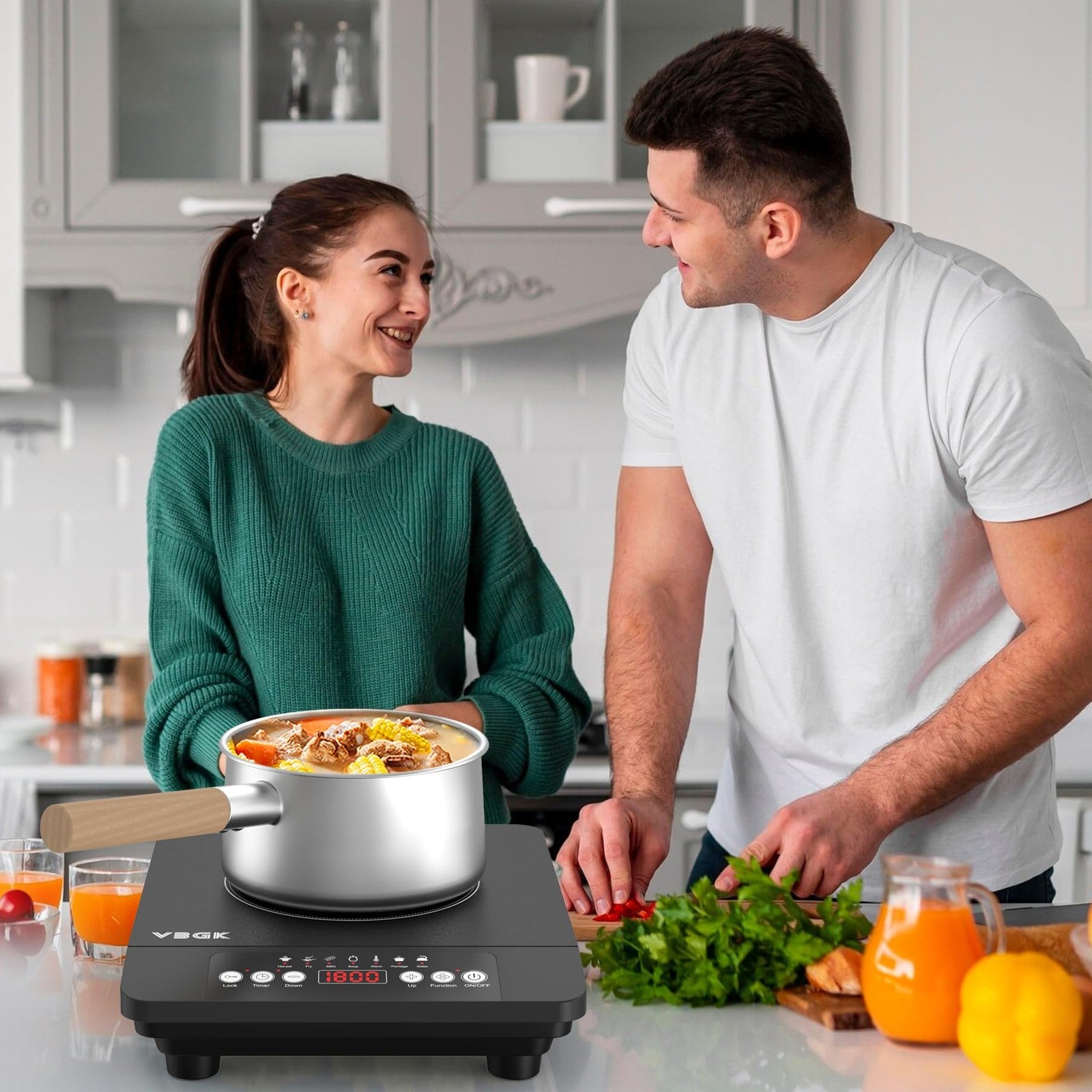 VBGK portable induction cooktop with single burner, 1800W, 110V electric stove top with digital controls and sleek black design.
