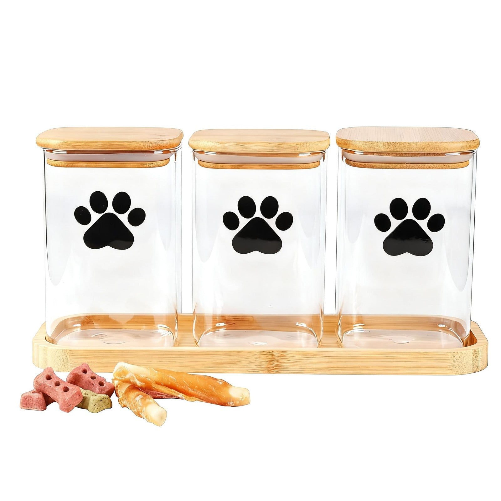 Set of three clear Brabtod glass dog treat jars with bamboo lids, 37oz capacity, ideal for storing dog treats.