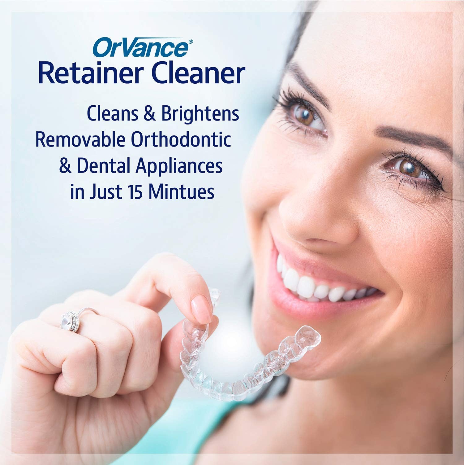 Unbranded Orvance retainer cleaner tablets for a 1-year supply, shown with packaging and cleaning tablets for retainers.