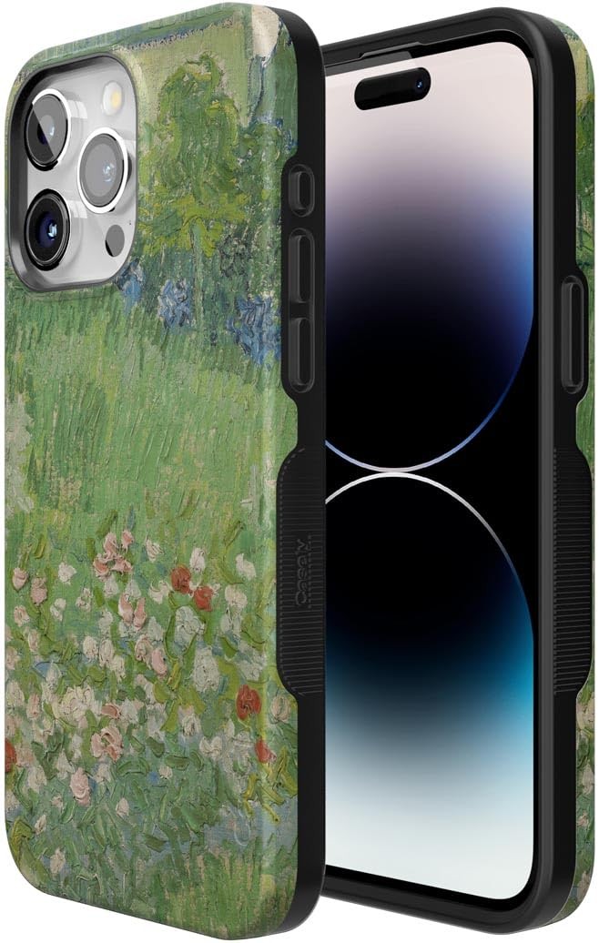 Casely iPhone 15 Pro Max case featuring Vincent’s Admired Garden artwork from the Van Gogh Museum, with colorful floral design.