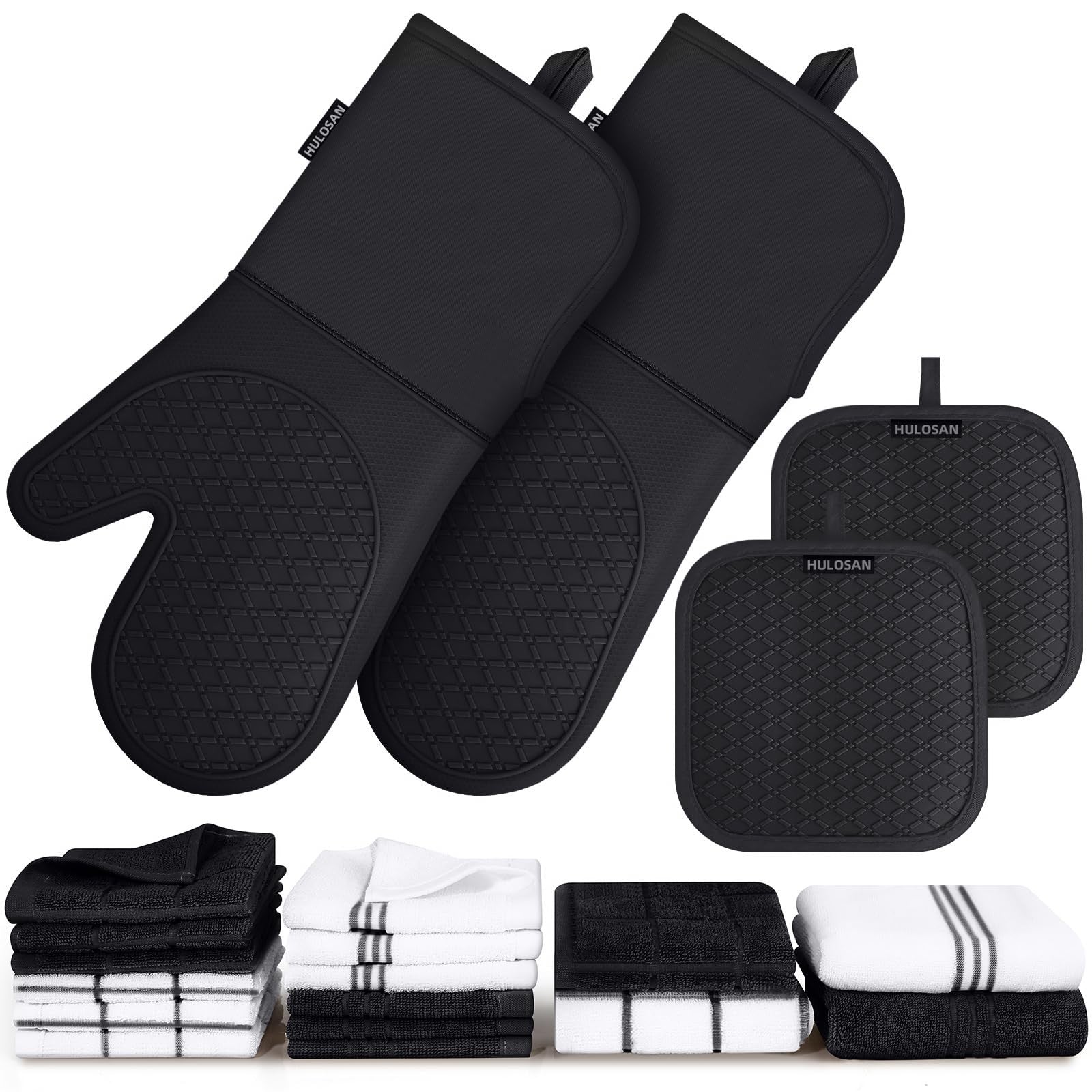 HULOSAN silicone oven mitts and pot holder set with 100% cotton kitchen towels, heat-resistant and ideal for cooking and baking.