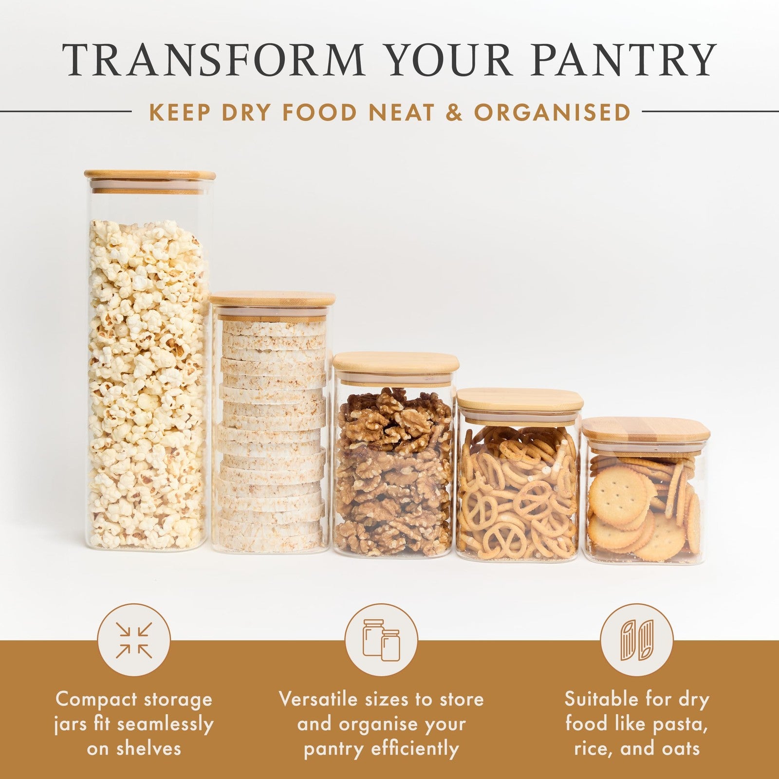Livabl glass pantry storage containers with lids and 165 labels, set of 5, arranged with labels visible on the containers.