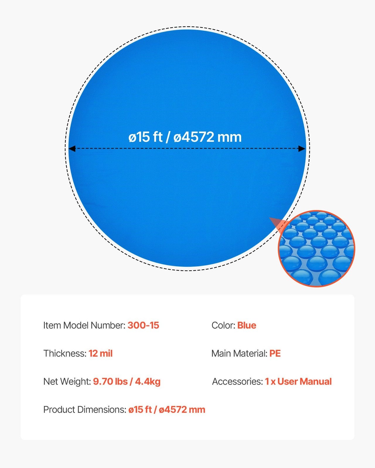 Vevor 15 ft round solar pool cover with bubbles, 12 mil thick, designed to retain heat and reduce evaporation for swimming pools