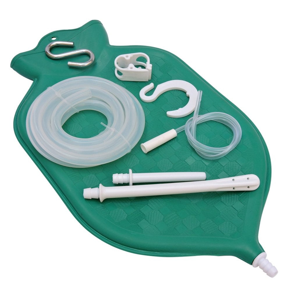 HealthGoodsIn enema bag kit with platinum cured silicone hose, open top design, 2-quart capacity for colon cleansing.