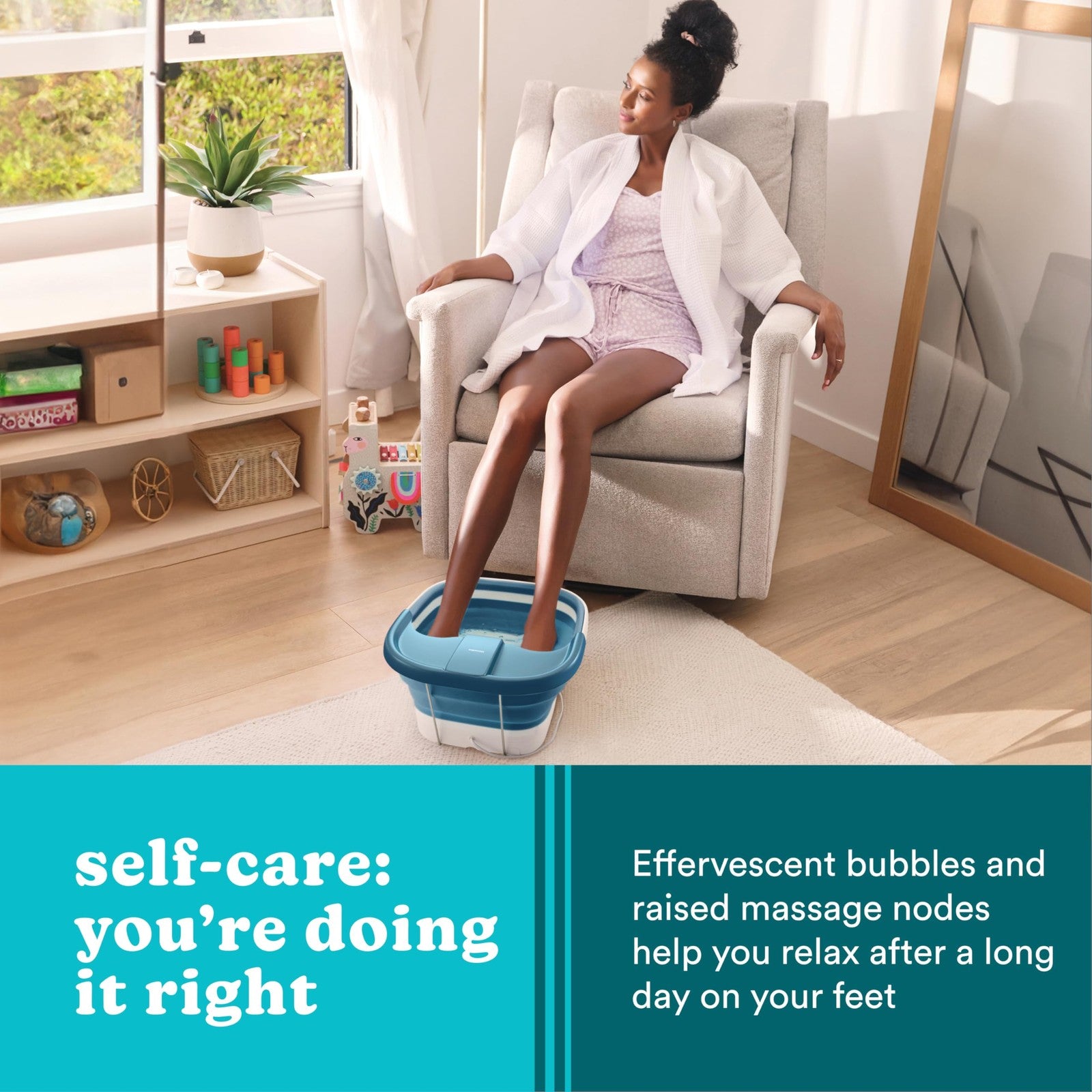 Homedics Smart Space Bubble Mate collapsible foot spa with bubble jets and heat-maintaining design, featuring a compact, portable appearance.