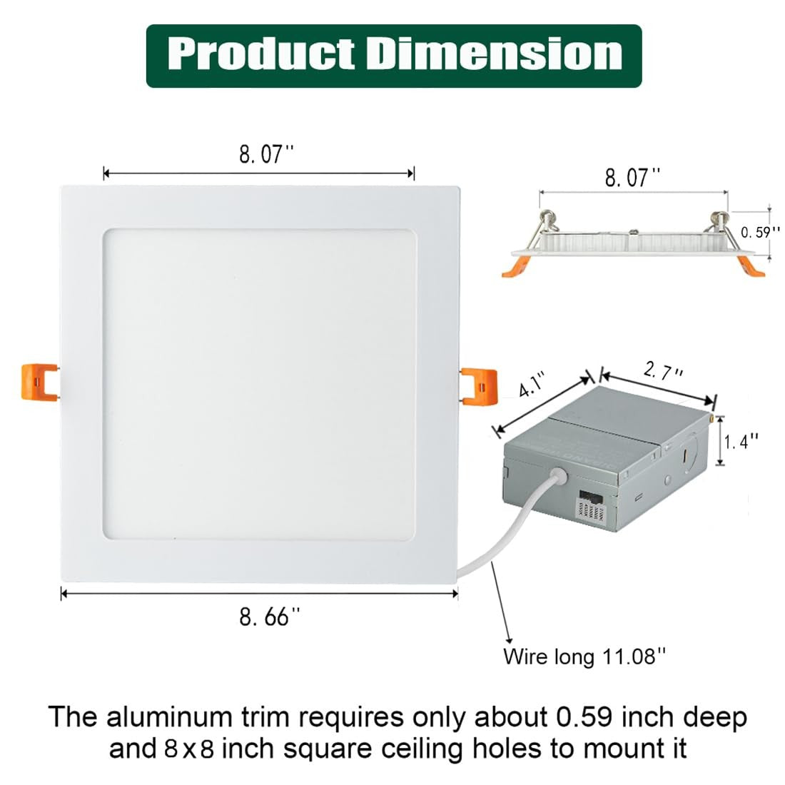 QIBANG 8-inch dimmable square recessed lights with junction box, 3CCT adjustable LED ceiling lighting, 2-pack installation