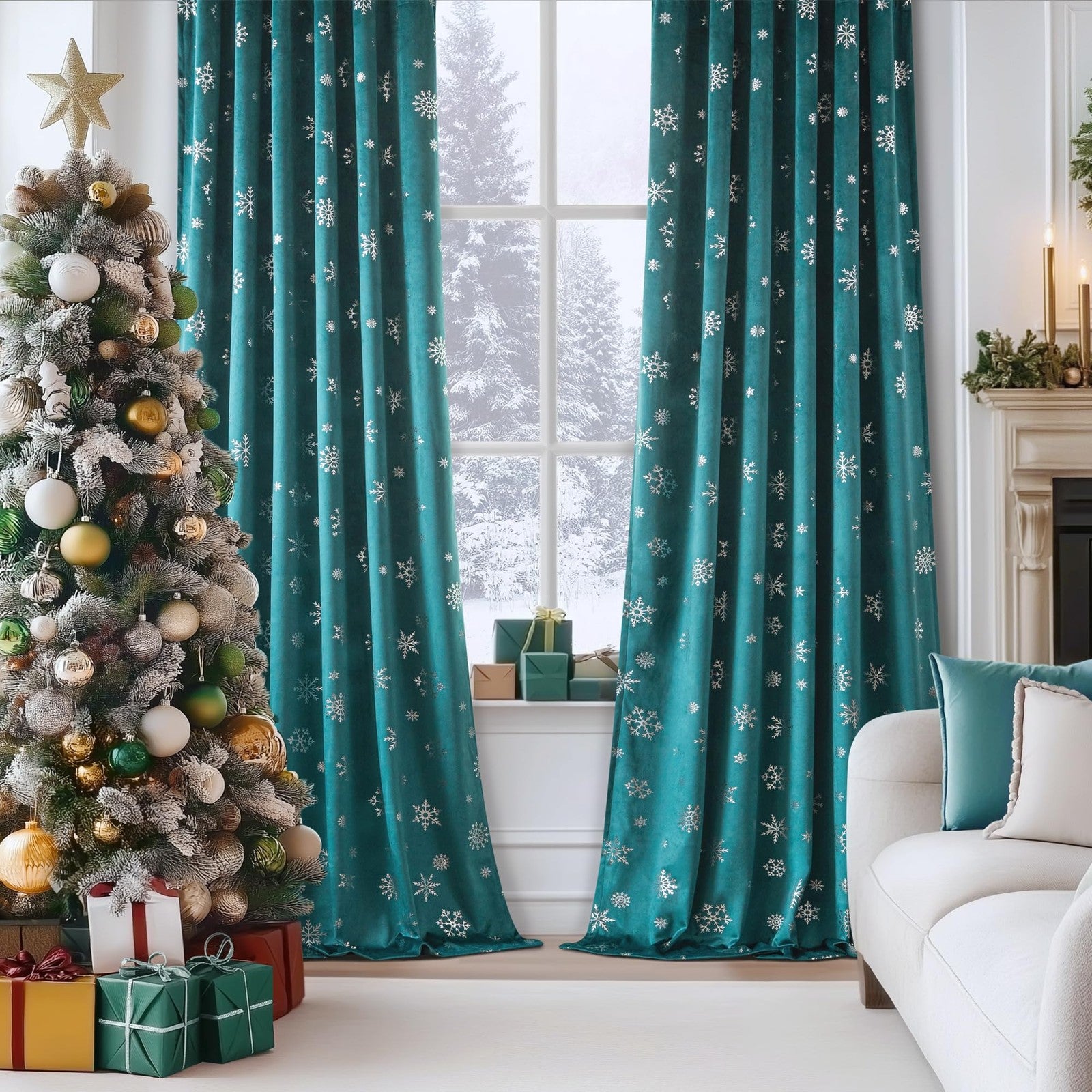 FMFUNCTEX snowflake Christmas velvet blackout curtains in black, featuring thermal insulate for bedroom privacy and style.