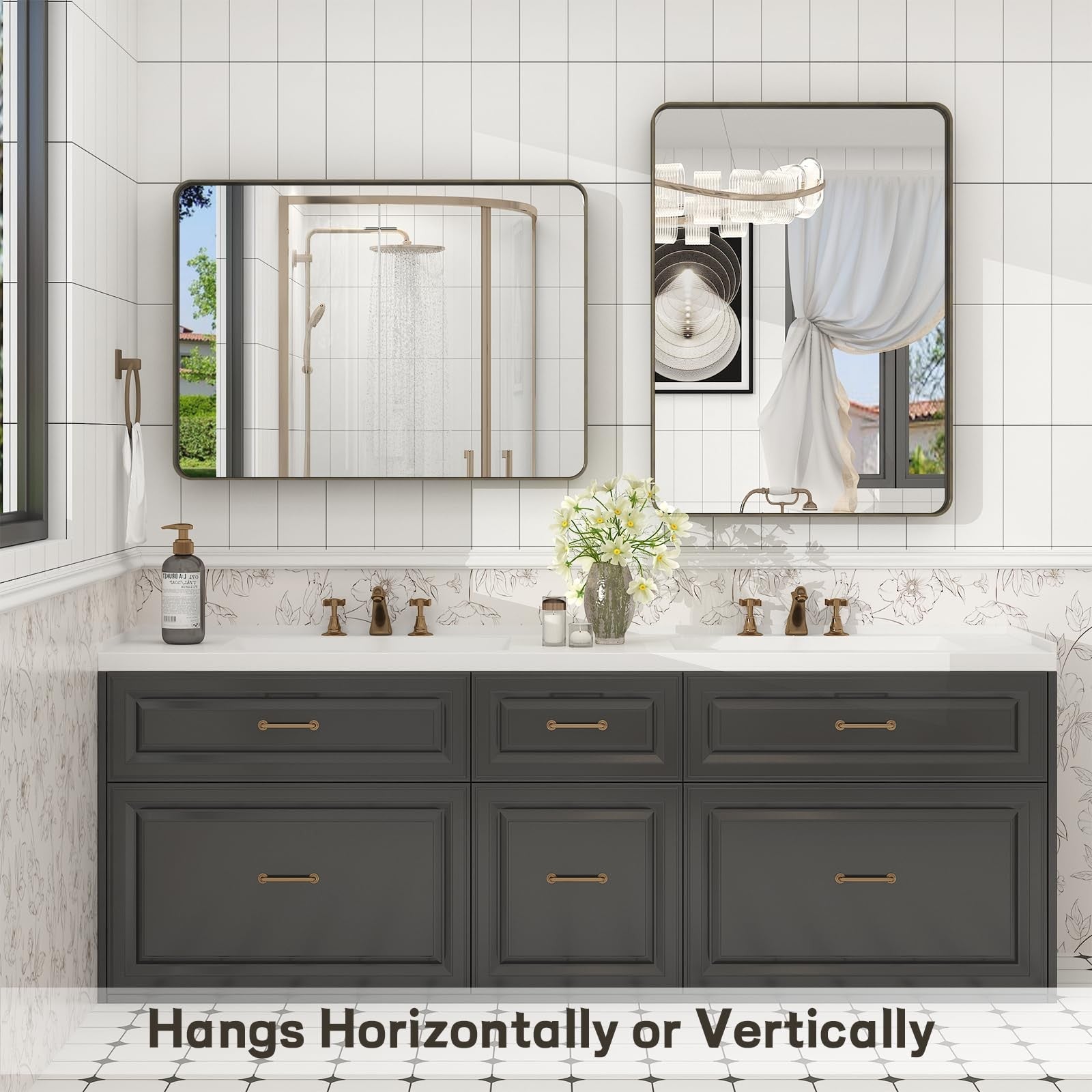 VANLIO 20x30 inch bronze framed bathroom mirror with brushed bronze metal rectangle frame, wall-mounted for modern bathroom decor.