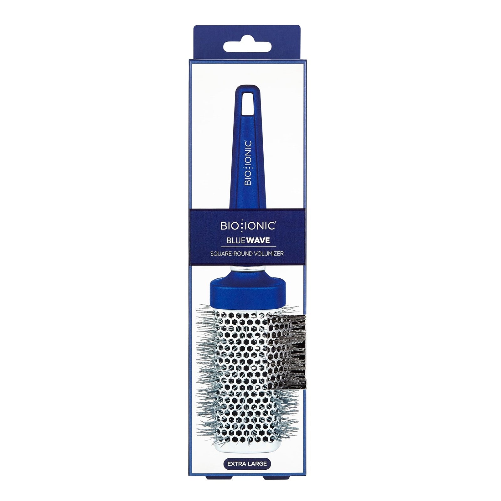 BIO IONIC Bluewave Nanoionic Conditioning Brush, X Large, with blue ergonomic handle and bristles for smoothing and conditioning hair.