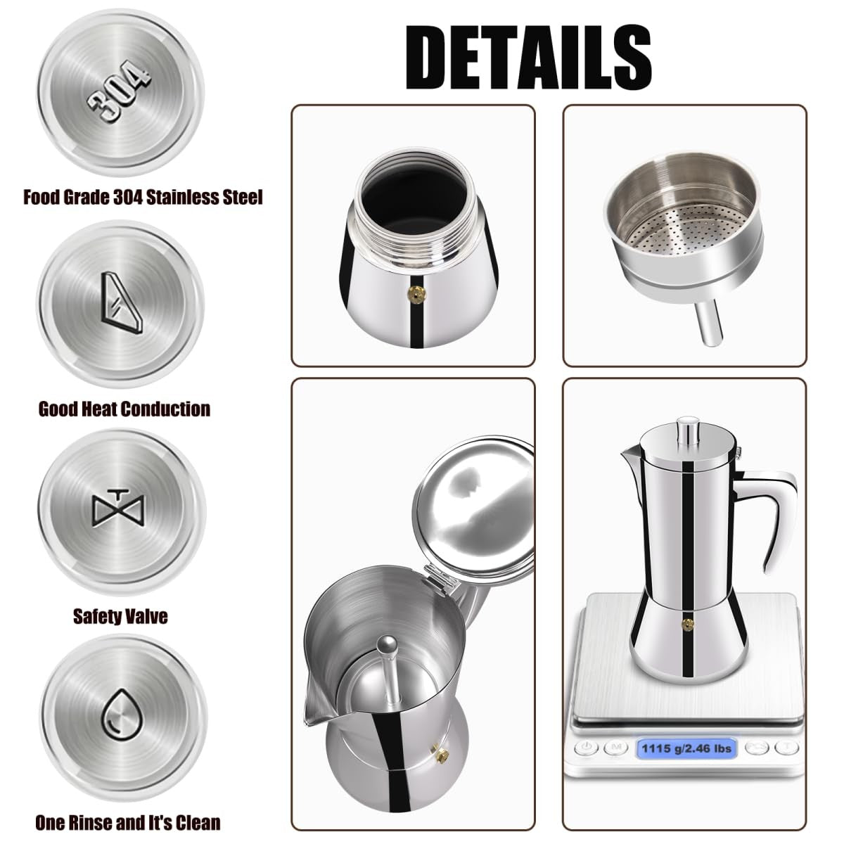 Stainless steel DITOSH 12-cup moka pot stovetop espresso maker with handle and lid, designed for brewing rich coffee.