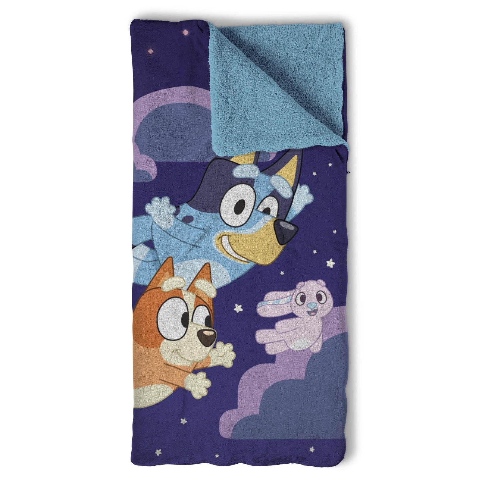 Northwest Bluey Silk Touch Sherpa Slumber Bag with zipper, featuring Bluey character design, soft sherpa lining, ideal for cozy sleepovers.