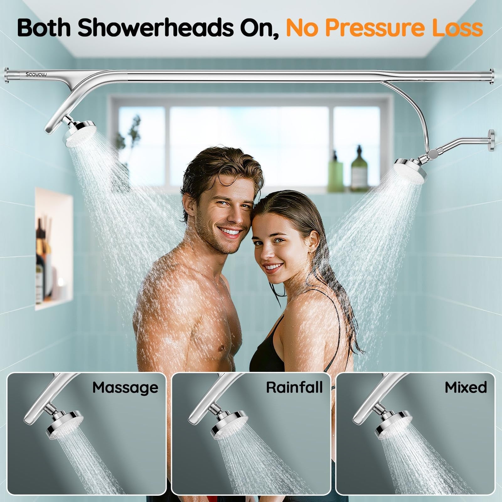 Dual shower head system for couples with two adjustable shower heads, providing a refreshing and relaxing bathing experience.